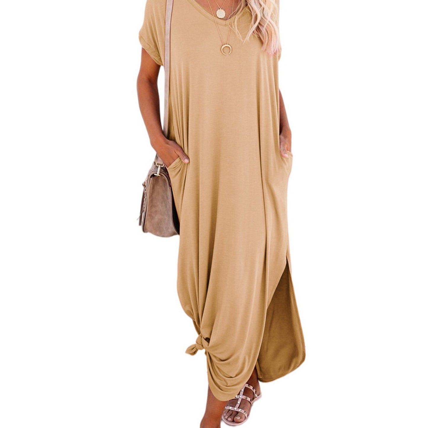 Loose Long Split Beach Solid Pocket Short Sleeve Crew Neck Dress