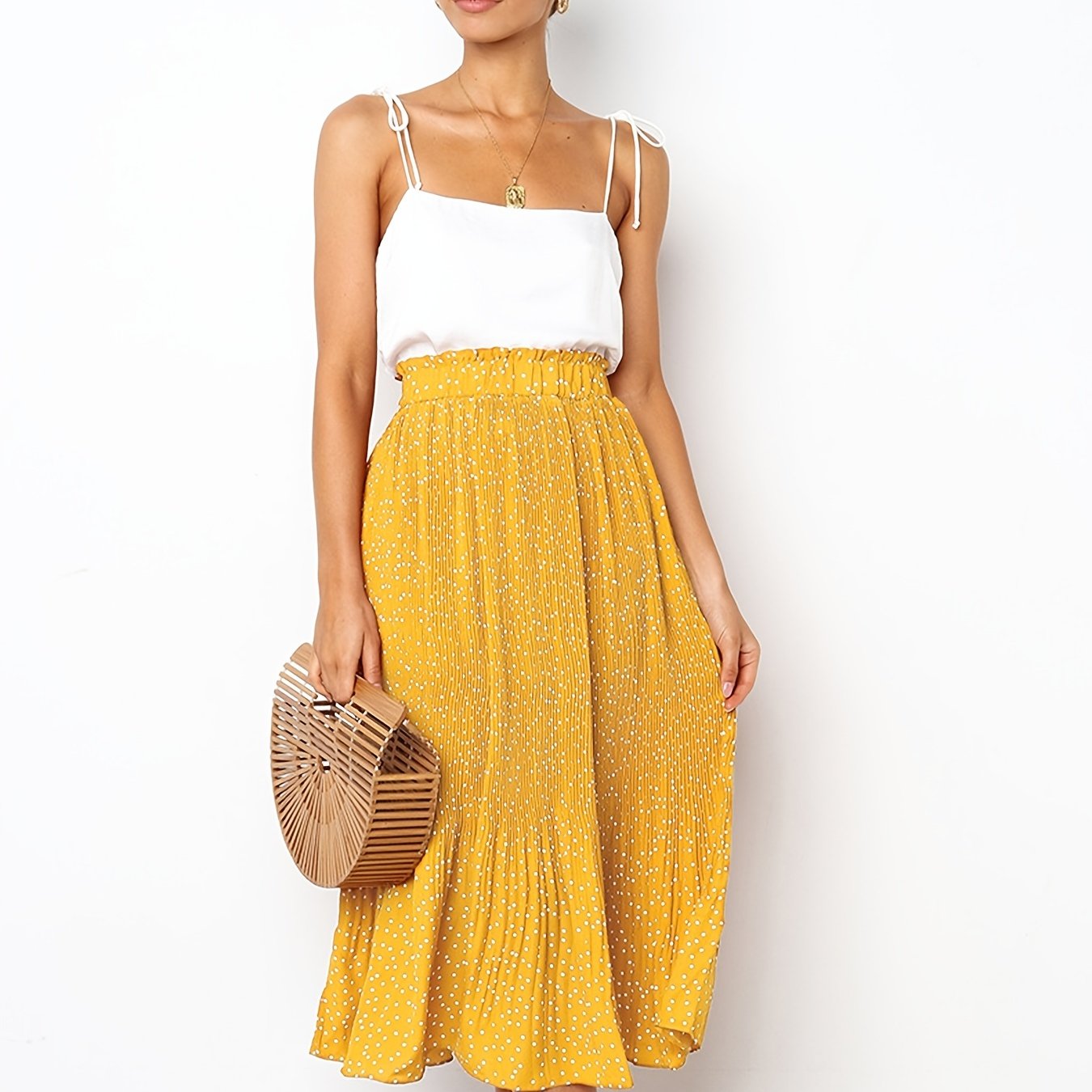 Pretty Polka Dot Pleated Skirt - High Waisted Spring Summer Casual Everyday
