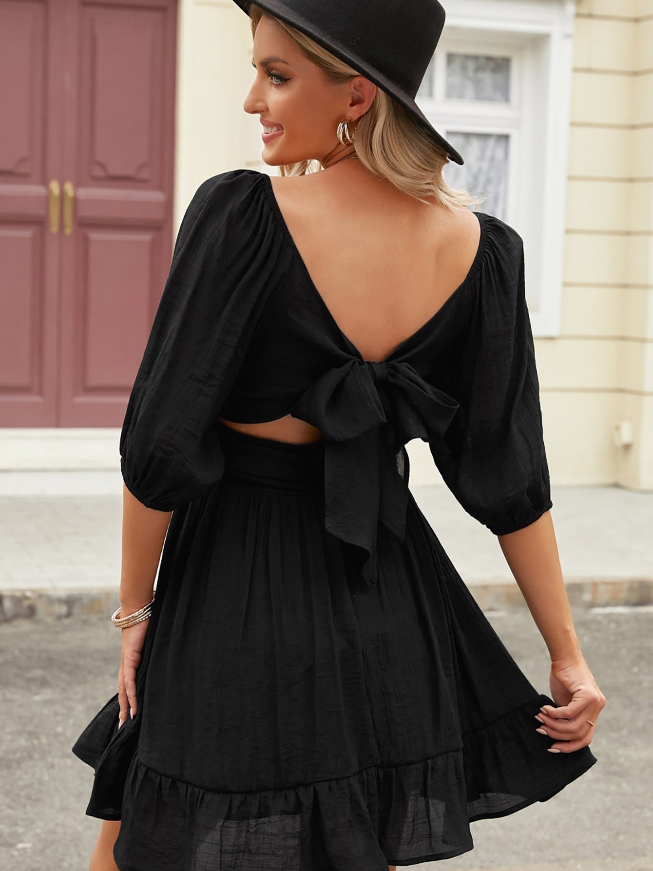 Women's Dresses Lantern Sleeves Square Neck Ruffle Back Lace Up Summer Dress