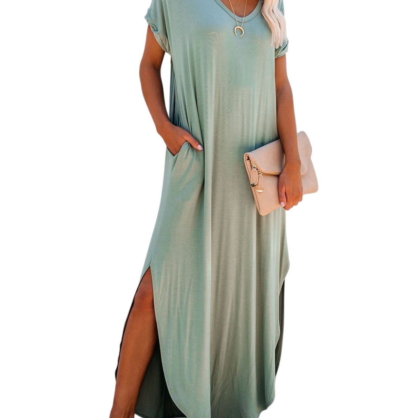 Loose Long Split Beach Solid Pocket Short Sleeve Crew Neck Dress