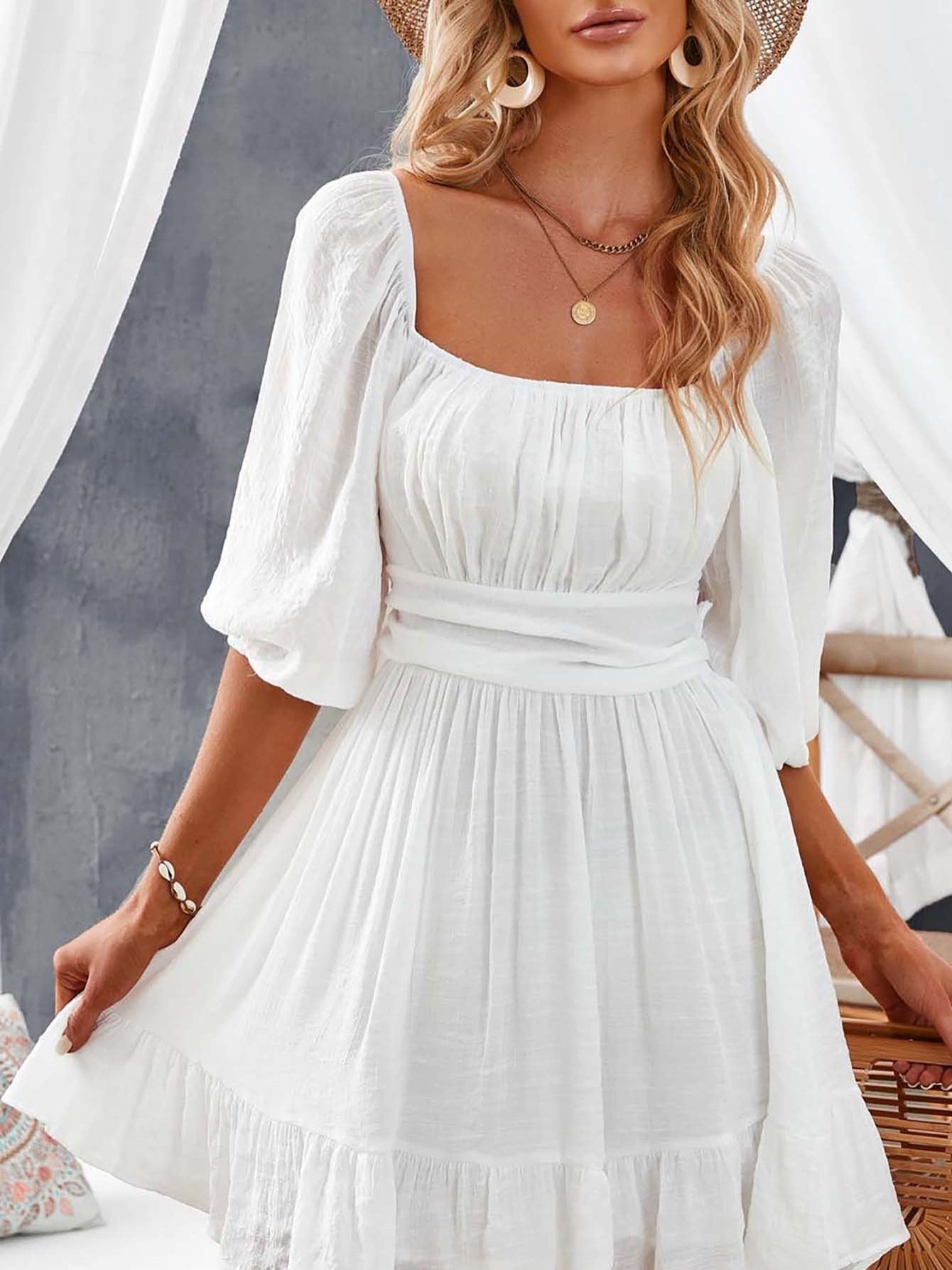Women's Dresses Lantern Sleeves Square Neck Ruffle Back Lace Up Summer Dress