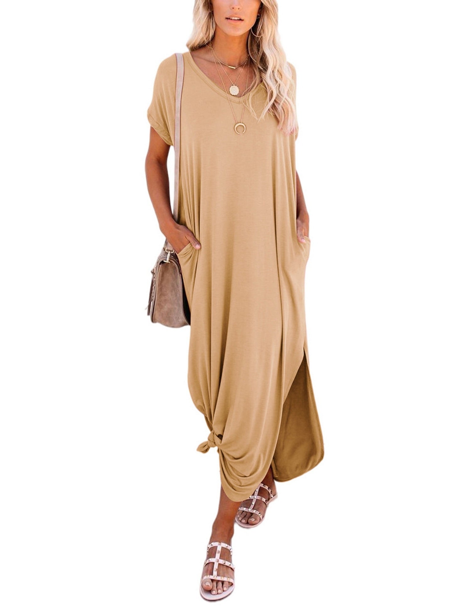 Loose Long Split Beach Solid Pocket Short Sleeve Crew Neck Dress