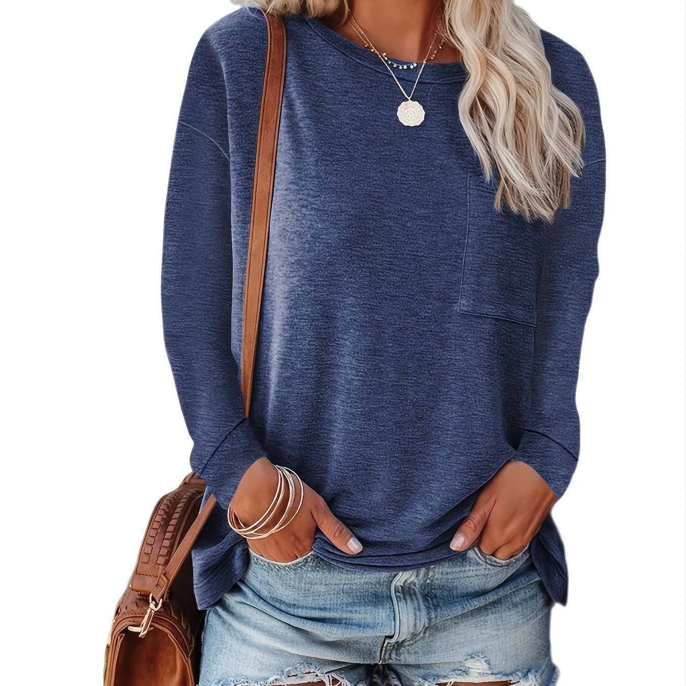 Basic Loose Solid Casual Long Sleeve Crew Neck Every Day Tops