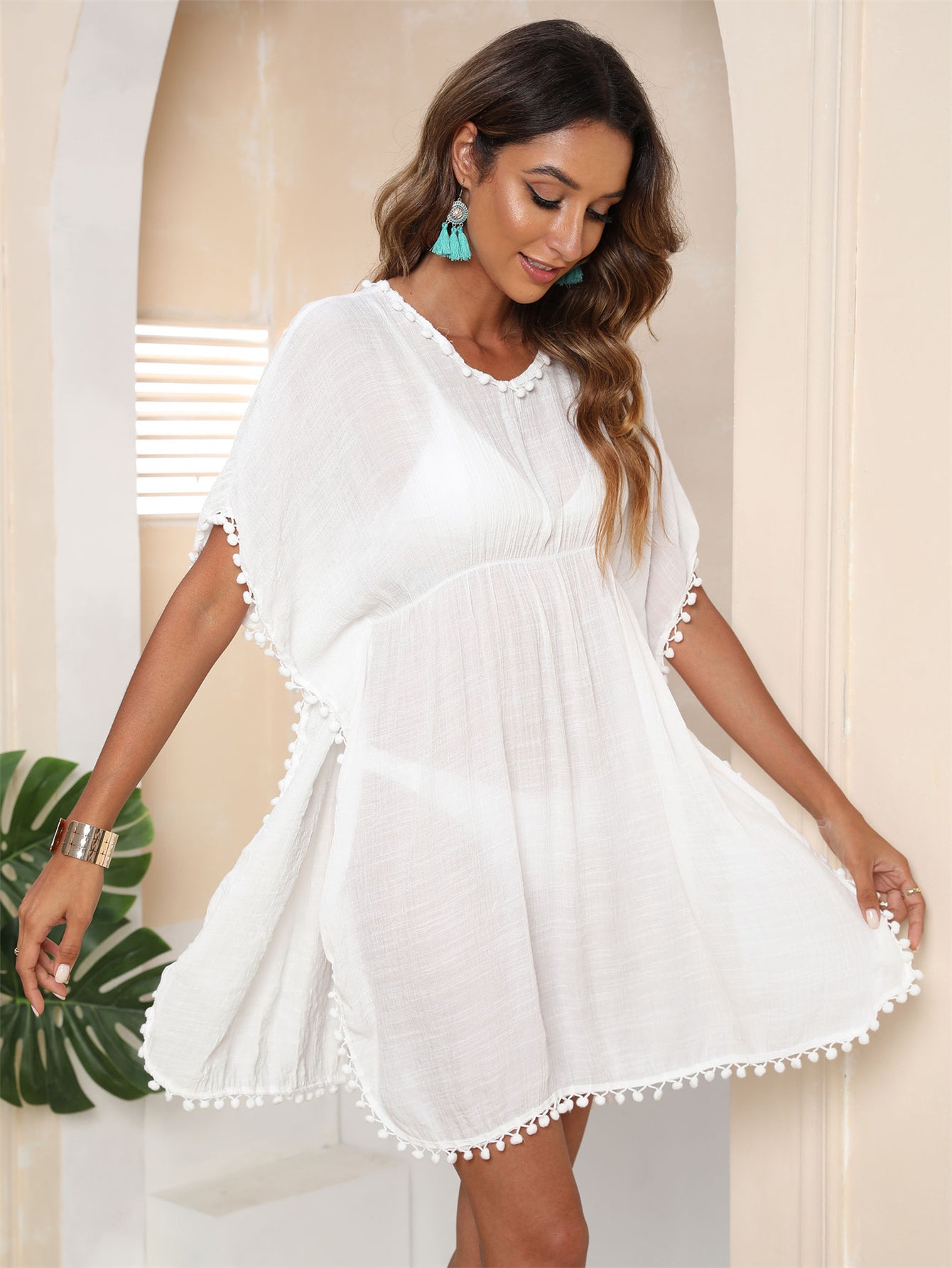 Pom Pom Decor Cover Up Shirt White See Through Round Neck Sort Sleeve Casual Cover Dress