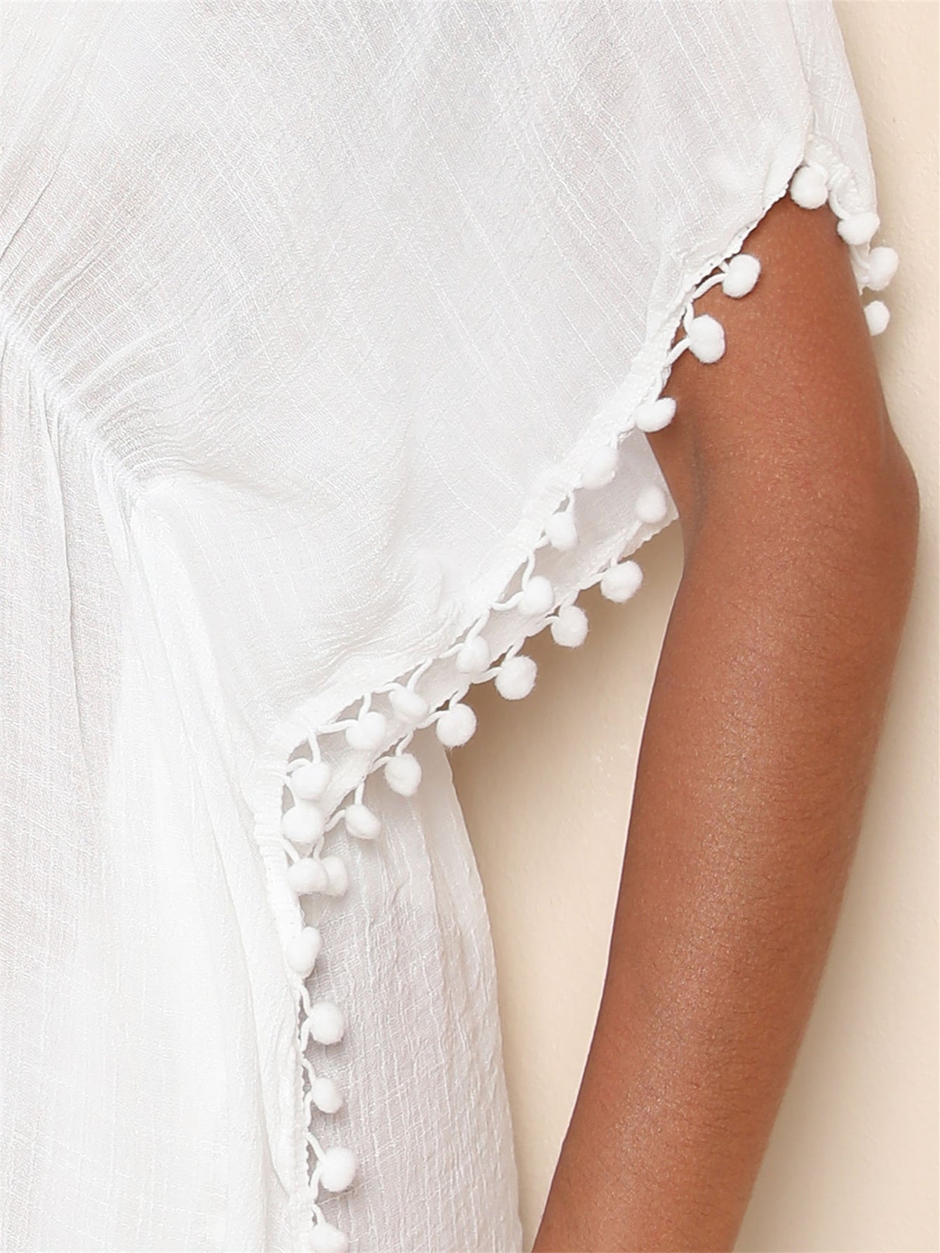 Pom Pom Decor Cover Up Shirt White See Through Round Neck Sort Sleeve Casual Cover Dress