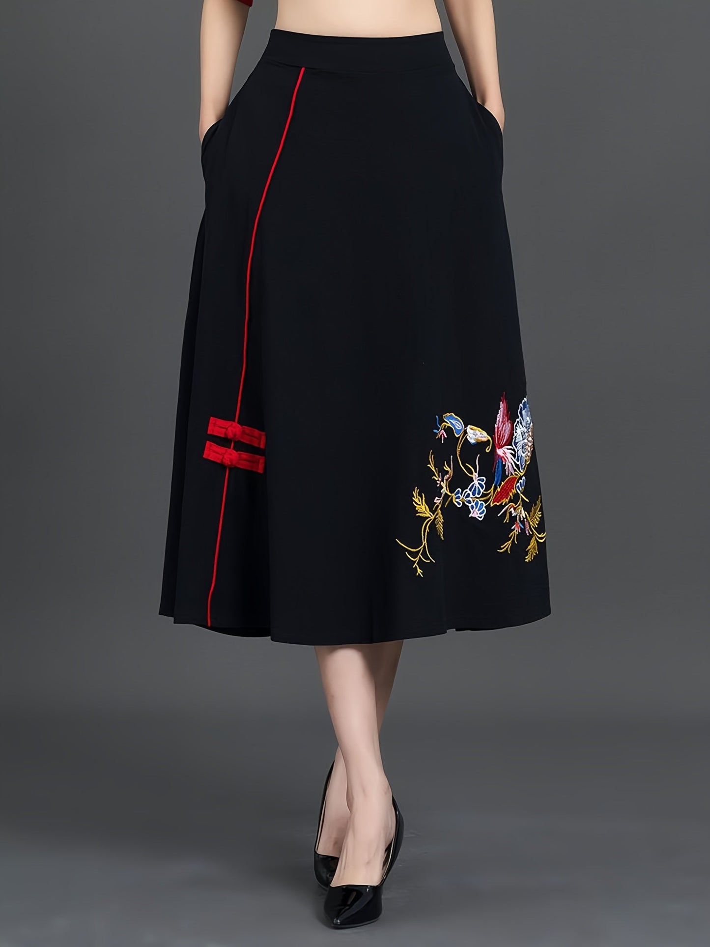 Ethnic Embroidery Large Swing Skirt Elastic Waist Embroidered Skirt With Pockets