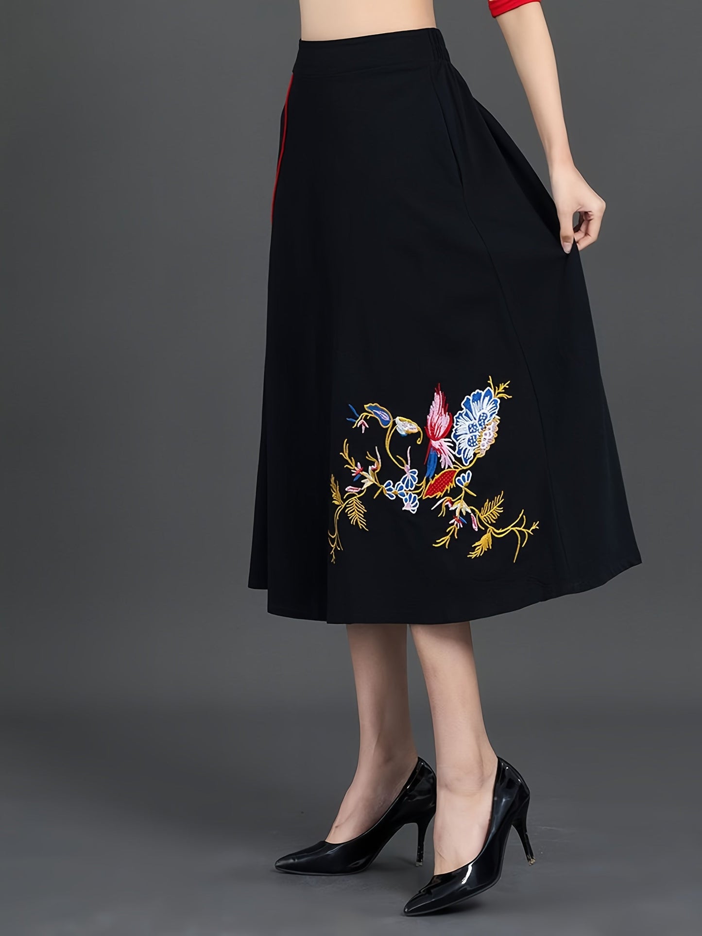 Ethnic Embroidery Large Swing Skirt Elastic Waist Embroidered Skirt With Pockets