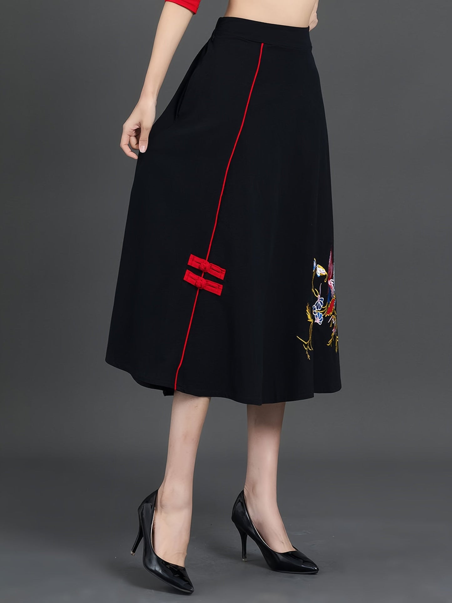 Ethnic Embroidery Large Swing Skirt Elastic Waist Embroidered Skirt With Pockets