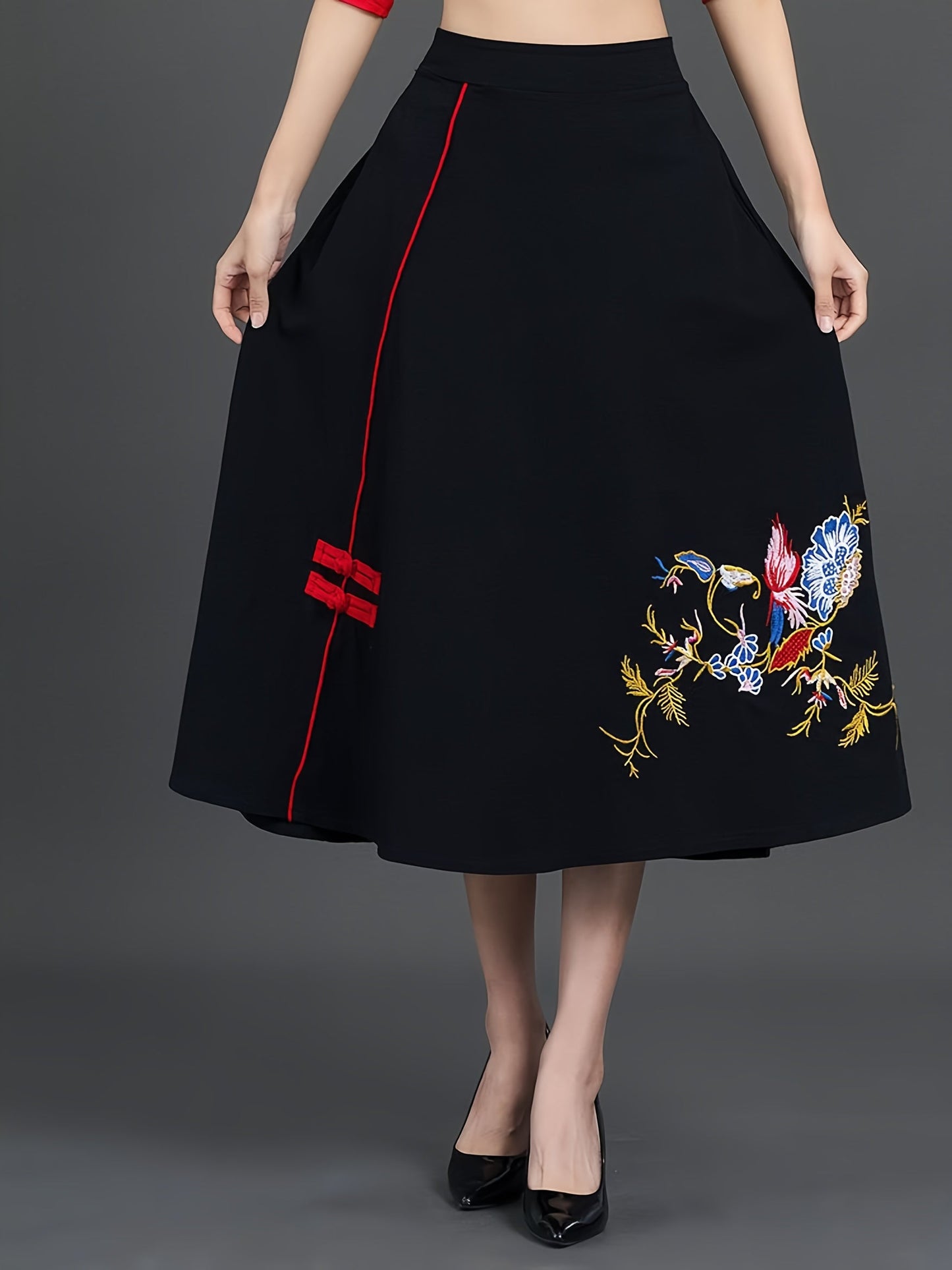 Ethnic Embroidery Large Swing Skirt Elastic Waist Embroidered Skirt With Pockets