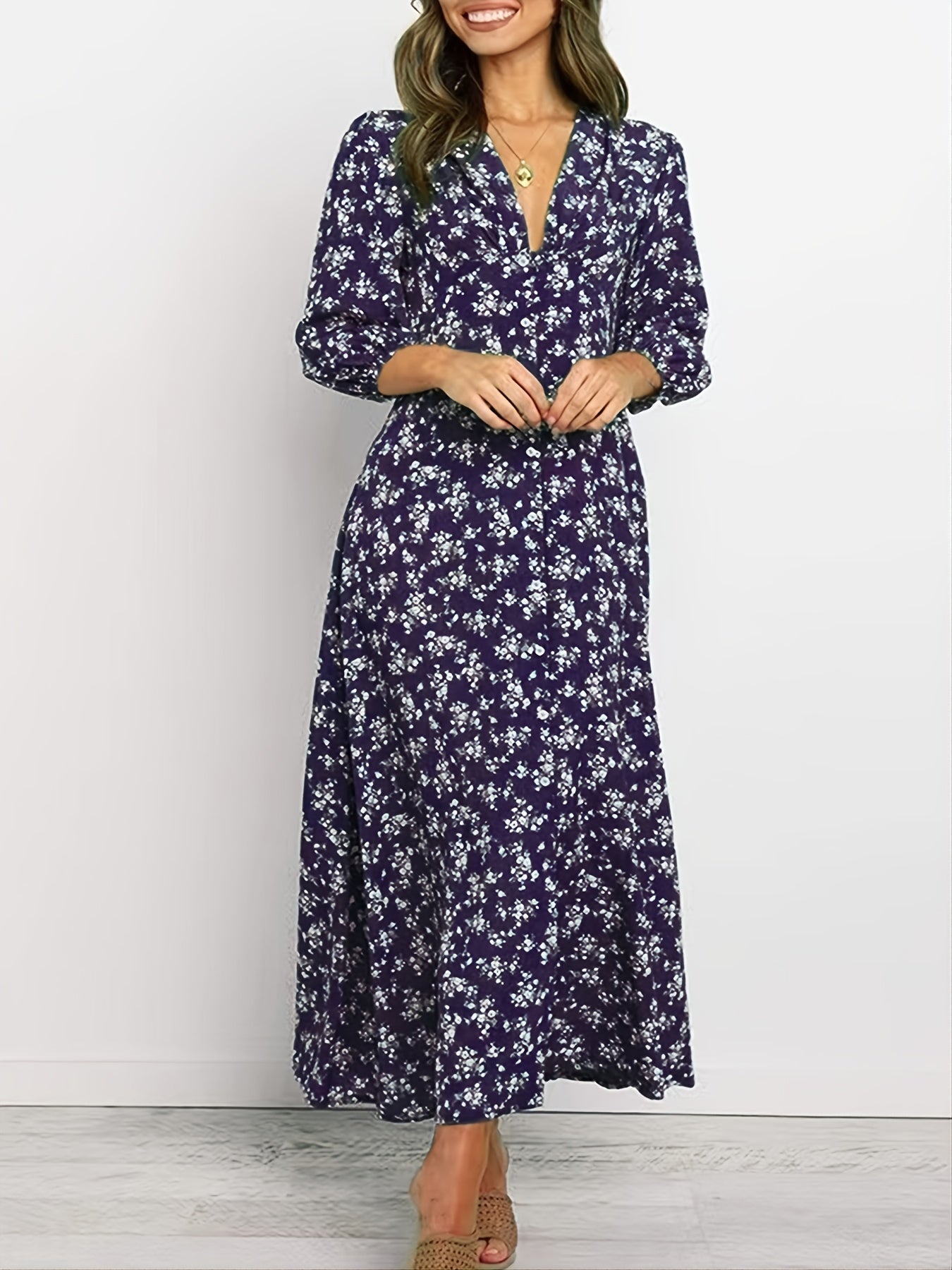 Vintage Ditsy Floral Lantern Long Sleeve Button High Waist Dresses
