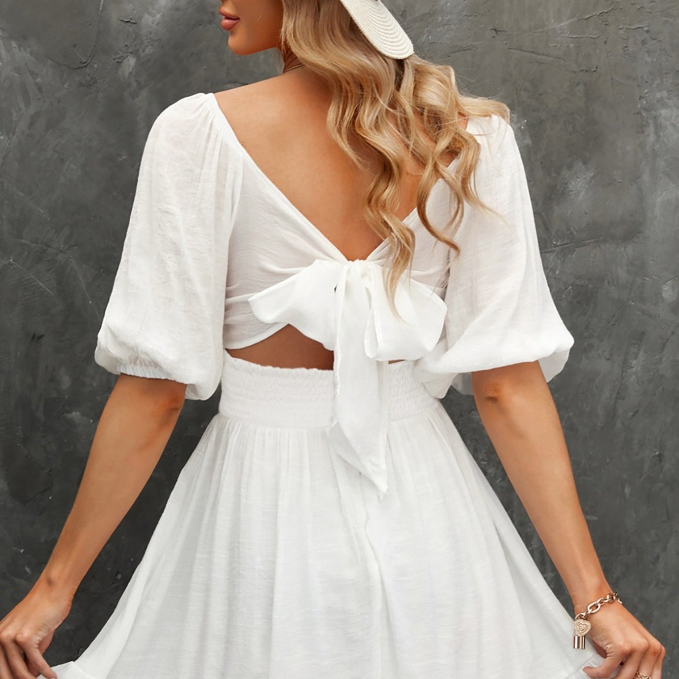 Women's Dresses Lantern Sleeves Square Neck Ruffle Back Lace Up Summer Dress
