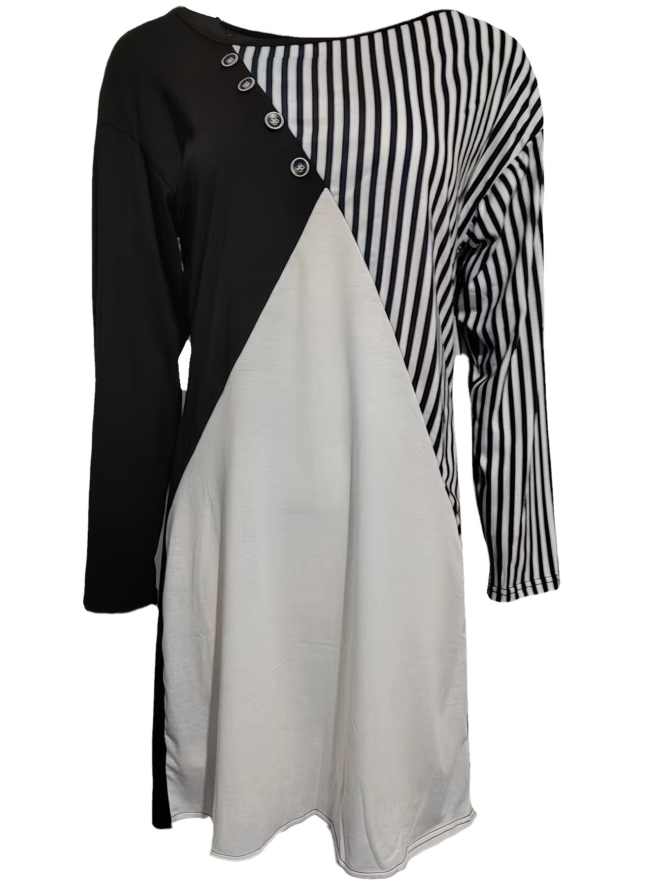 Striped Color Block Casual Stitching Asymmetrical Neck 3/4 Sleeve Dress