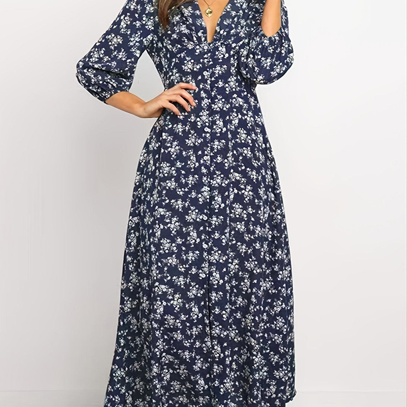 Vintage Ditsy Floral Lantern Long Sleeve Button High Waist Dresses