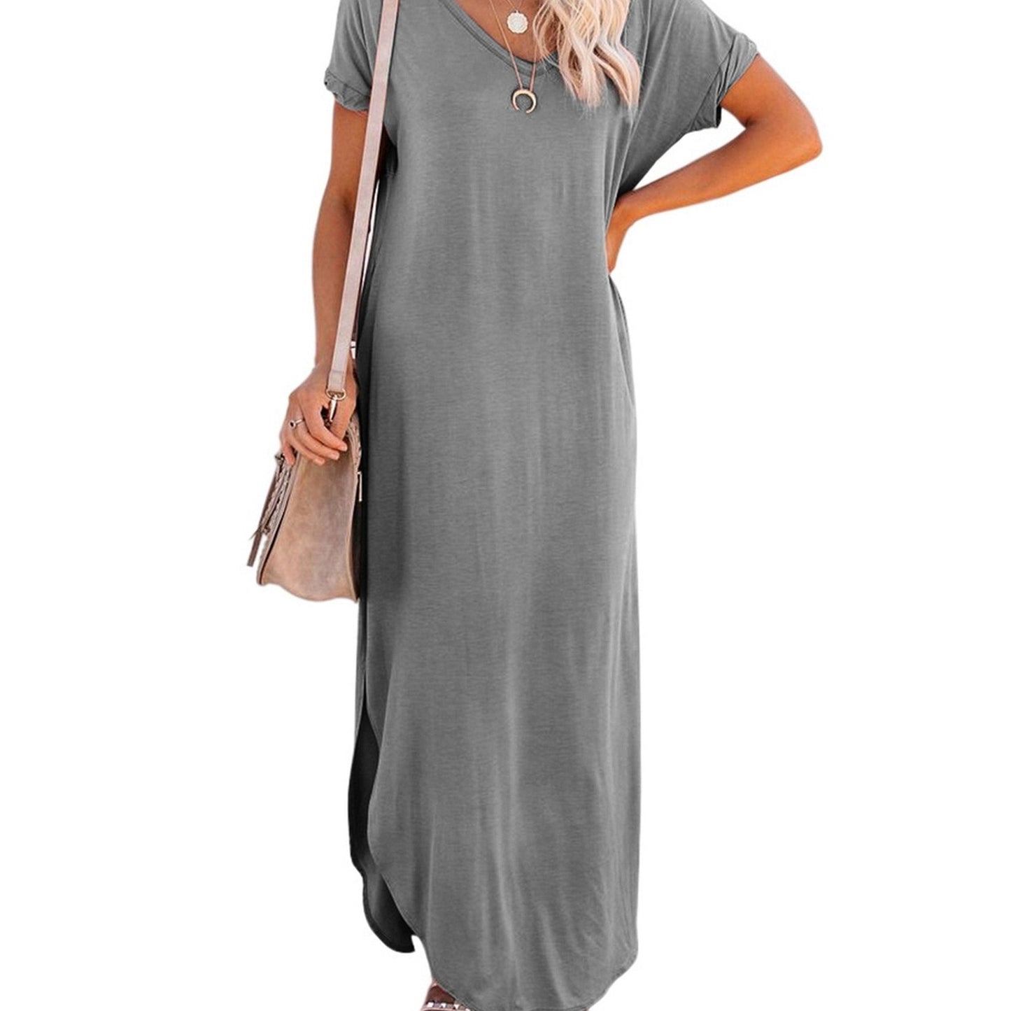 Loose Long Split Beach Solid Pocket Short Sleeve Crew Neck Dress
