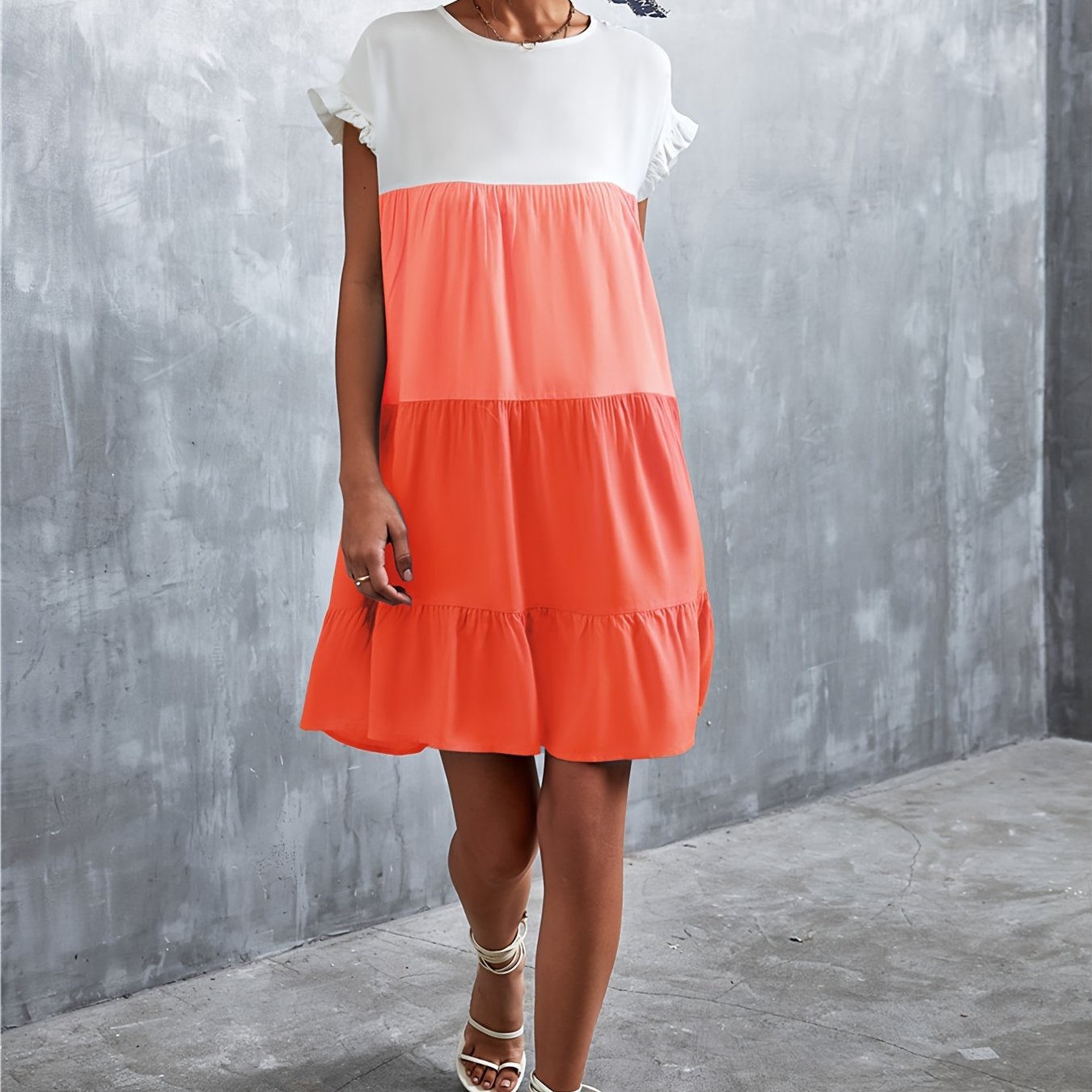 Women's Summer Dress Sleeveless Ruffle Sleeve Round Neck Mini Dress Color Block Loose Short Flowy Pleated Dress
