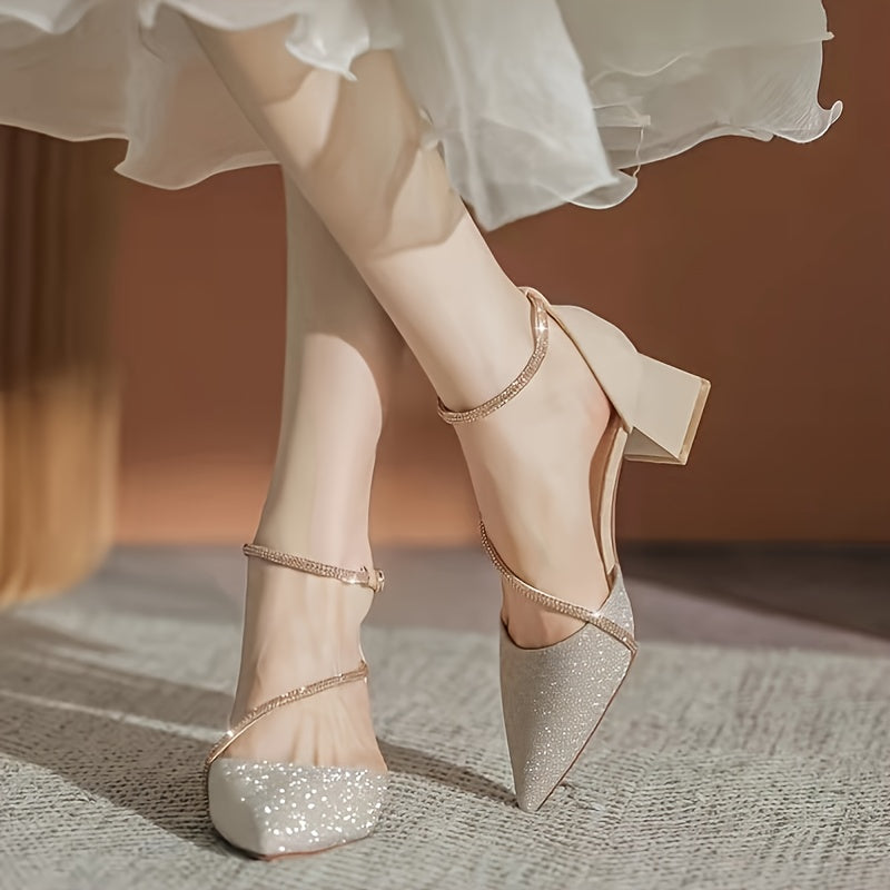 Women's Rhinestone High Heels Pointed Toe Chunky Heeled Ankle Strap Pumps