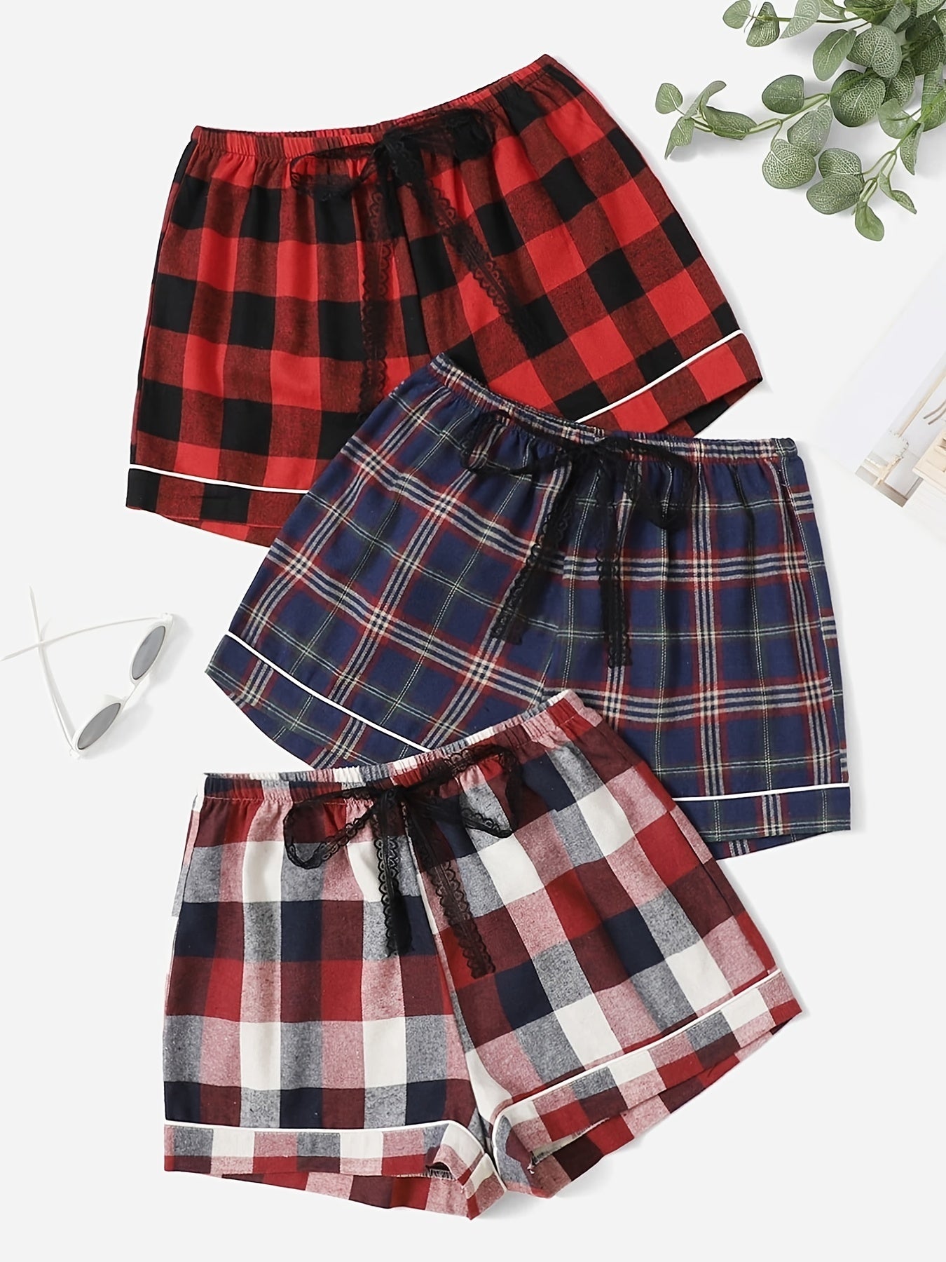 3 Packs Plaid Tie Front Sleep Shorts Elastic Waist Pajama Bottoms Shorts Sleepwear Red Blue Plaid