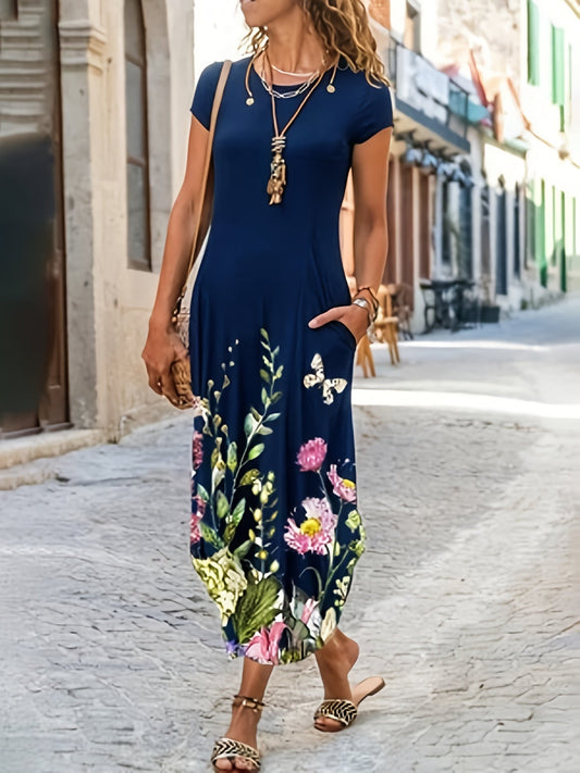 Floral Print Short Sleeve Crew Neck Casual Dress For Spring Summer