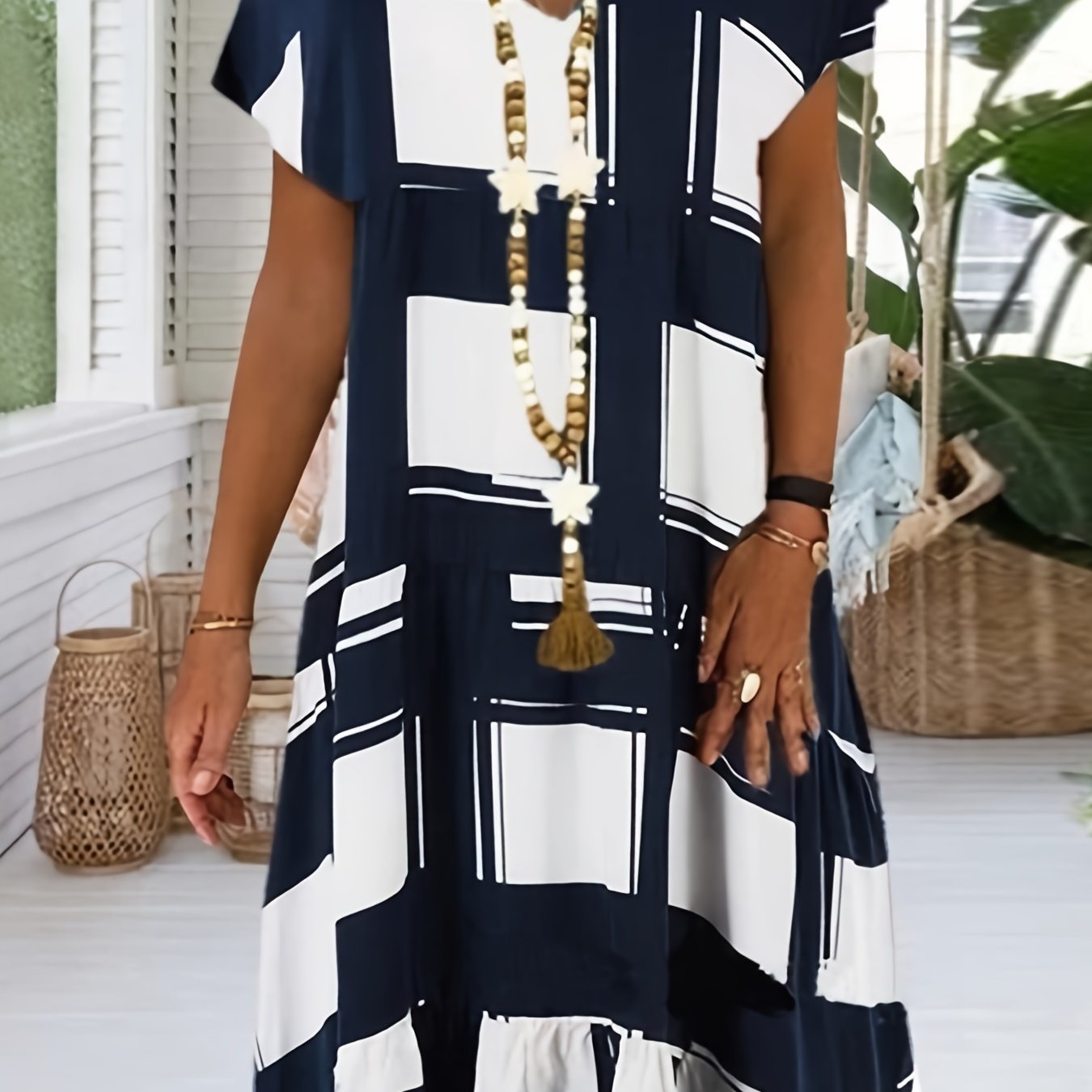 Casual Geometric Print Short Sleeve V-neck Loose Fashion Summer Dresses