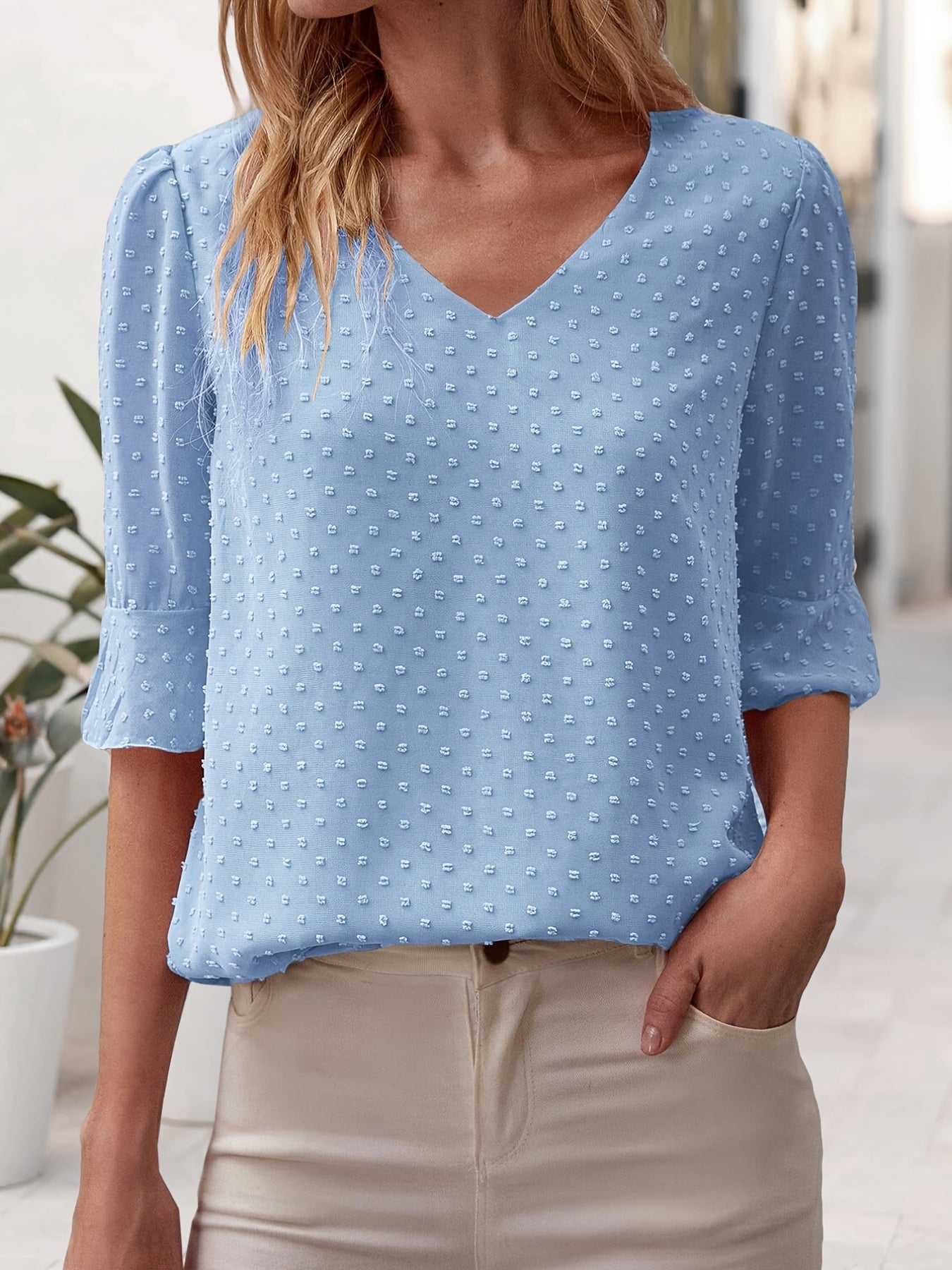 V-neck Loose Chiffon Casual 3/4 Long Sleeve Fashion Blouses Tops
