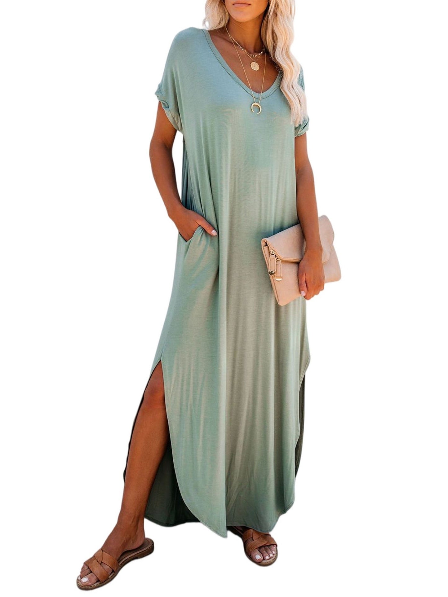 Loose Long Split Beach Solid Pocket Short Sleeve Crew Neck Dress