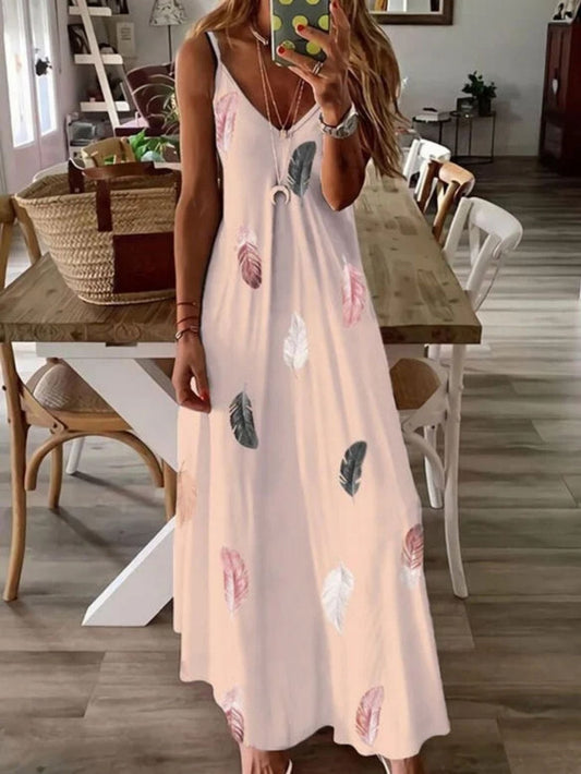 Women's Dresses Sleeveless Slim Fit Feather Print Low Cut V-Neck Sling Long Dresses