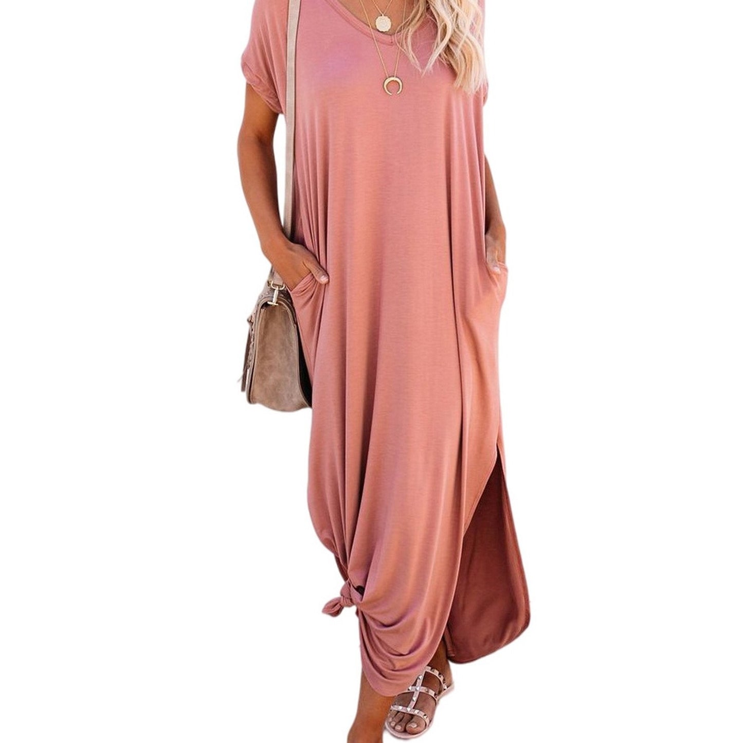 Loose Long Split Beach Solid Pocket Short Sleeve Crew Neck Dress