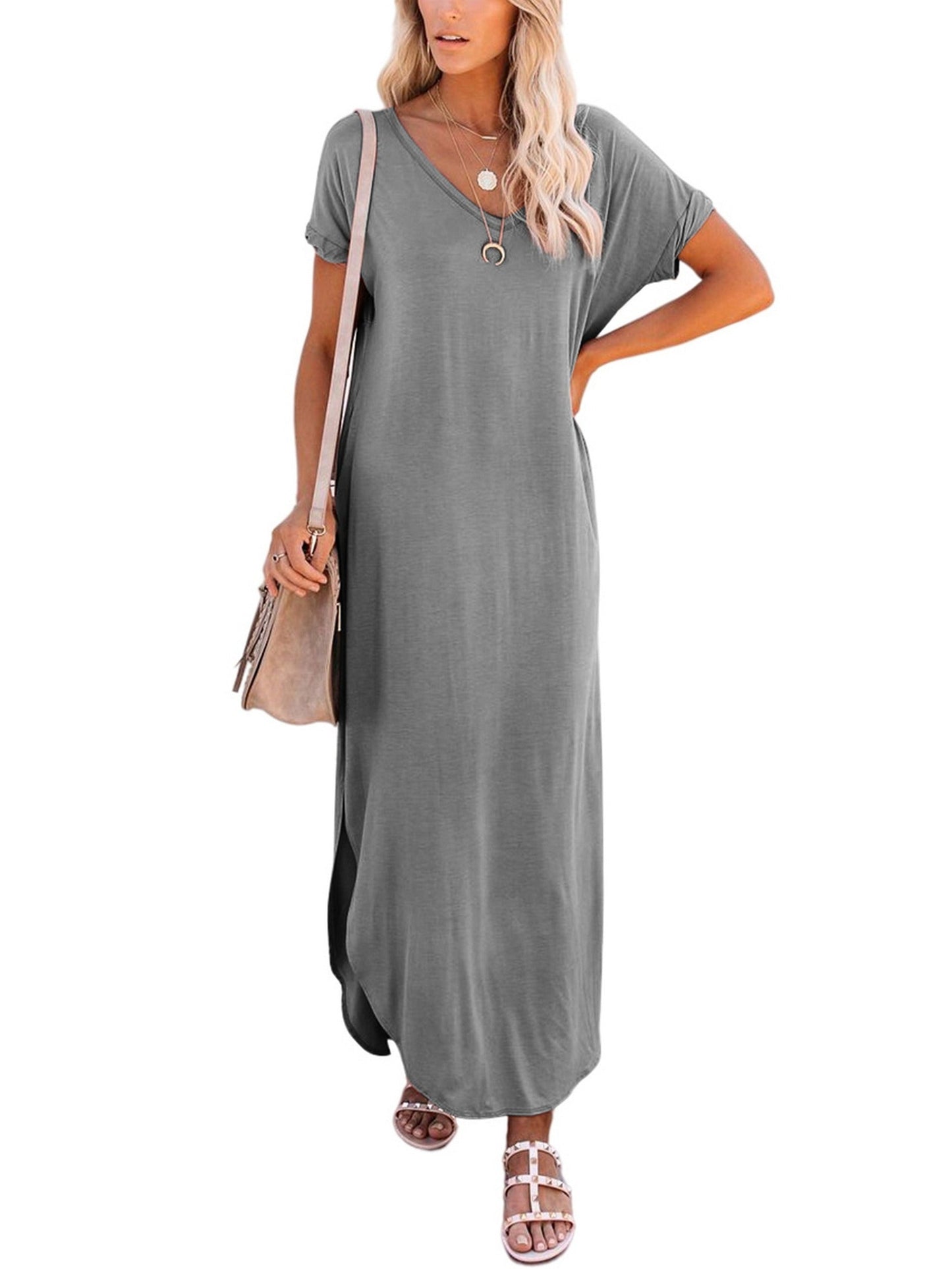 Loose Long Split Beach Solid Pocket Short Sleeve Crew Neck Dress