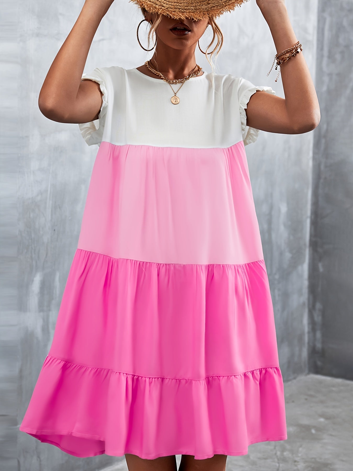 Women's Summer Dress Sleeveless Ruffle Sleeve Round Neck Mini Dress Color Block Loose Short Flowy Pleated Dress