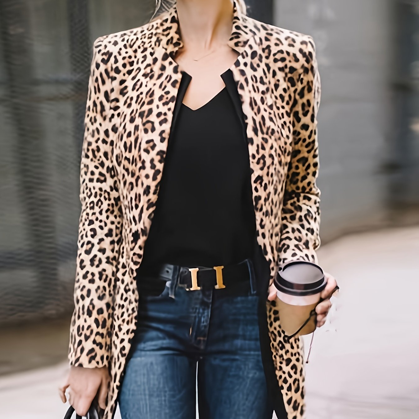 Long Sleeve Open Front Leopard Blazer Office Lapel Casual Jacket