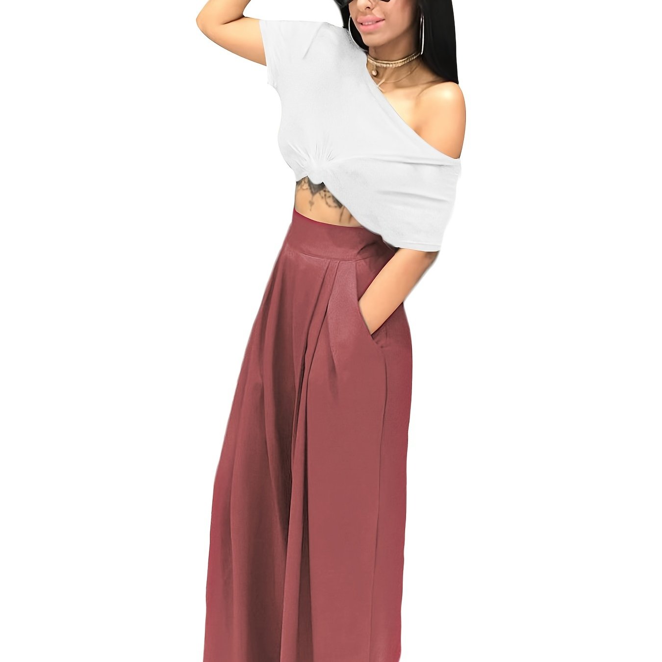 Loose Straight Flare Casual Pocket High Waist Solid Wide Leg Fashion Comfy Pants