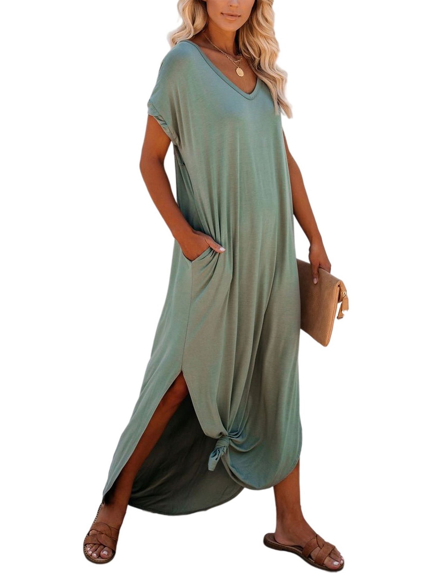 Loose Long Split Beach Solid Pocket Short Sleeve Crew Neck Dress
