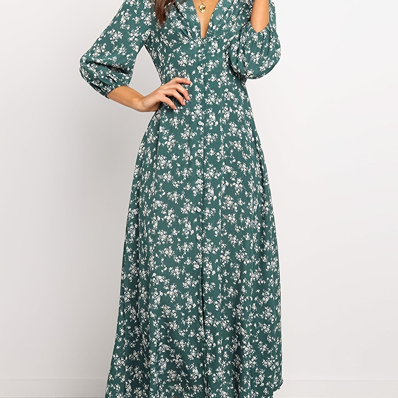 Vintage Ditsy Floral Lantern Long Sleeve Button High Waist Dresses