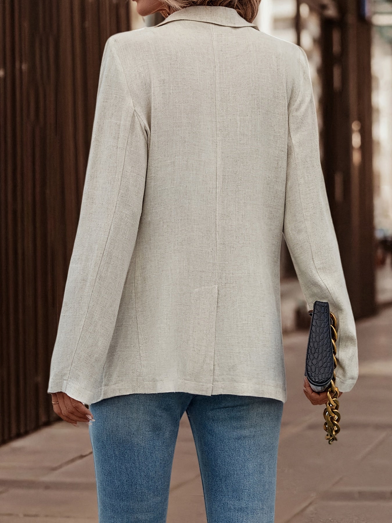 Solid Button Open Front Long Sleeve Blazer With Wide Lapels