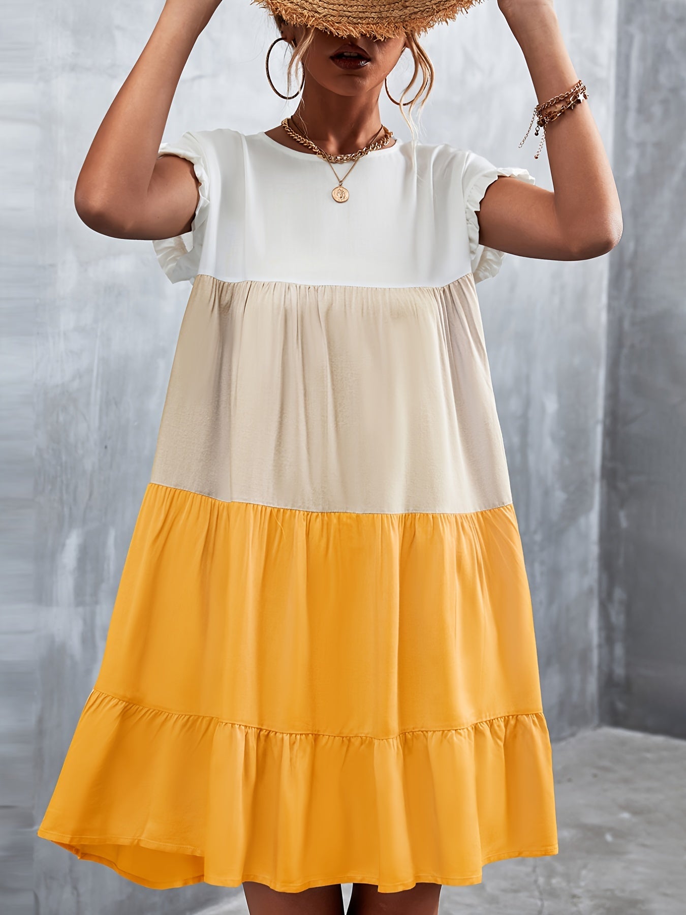 Women's Summer Dress Sleeveless Ruffle Sleeve Round Neck Mini Dress Color Block Loose Short Flowy Pleated Dress