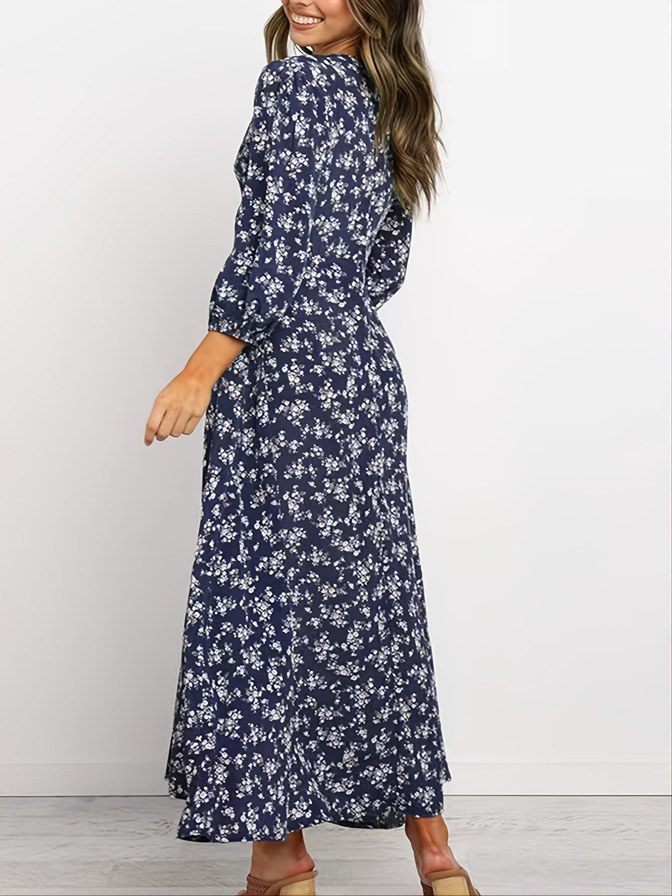 Vintage Ditsy Floral Lantern Long Sleeve Button High Waist Dresses