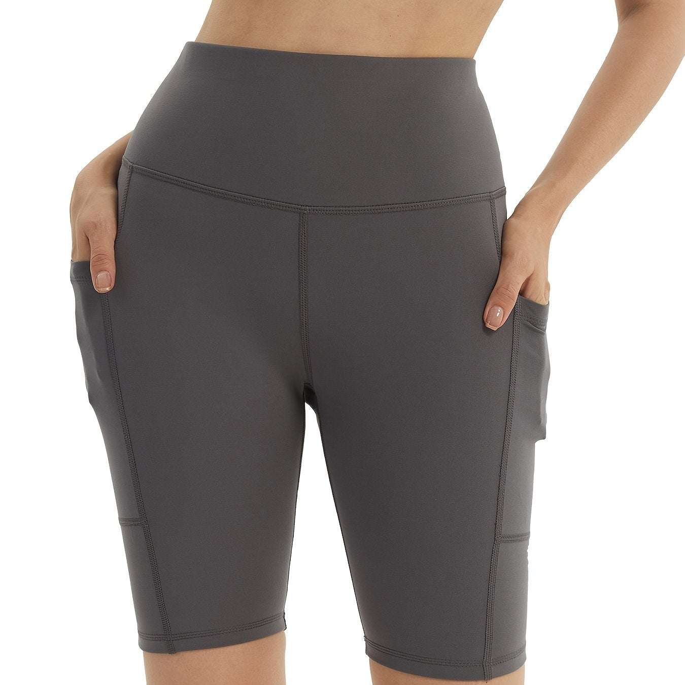 Classic High-waisted Side Pockets Stretchy Slim Fitted Yoga Biker Shorts