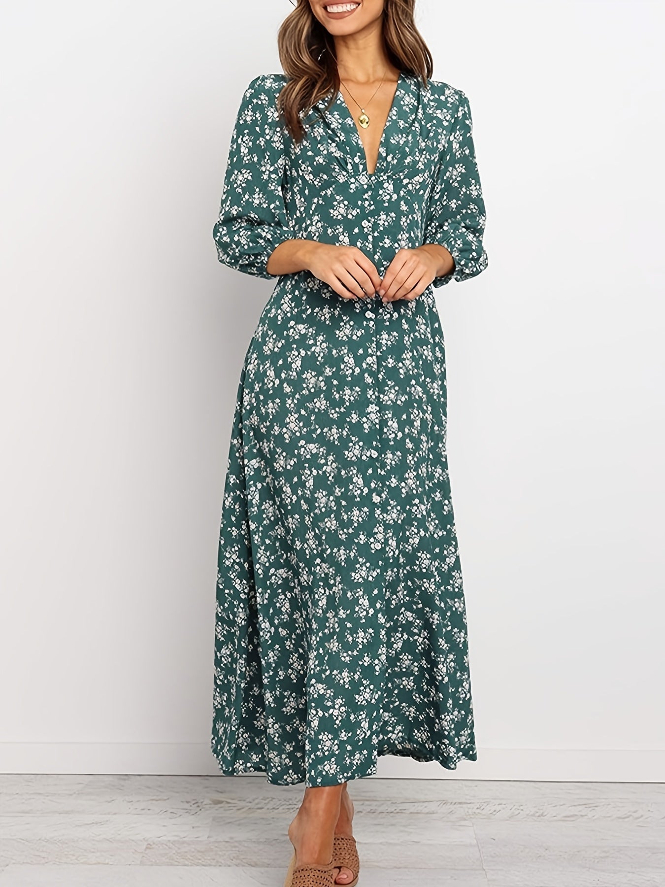 Vintage Ditsy Floral Lantern Long Sleeve Button High Waist Dresses