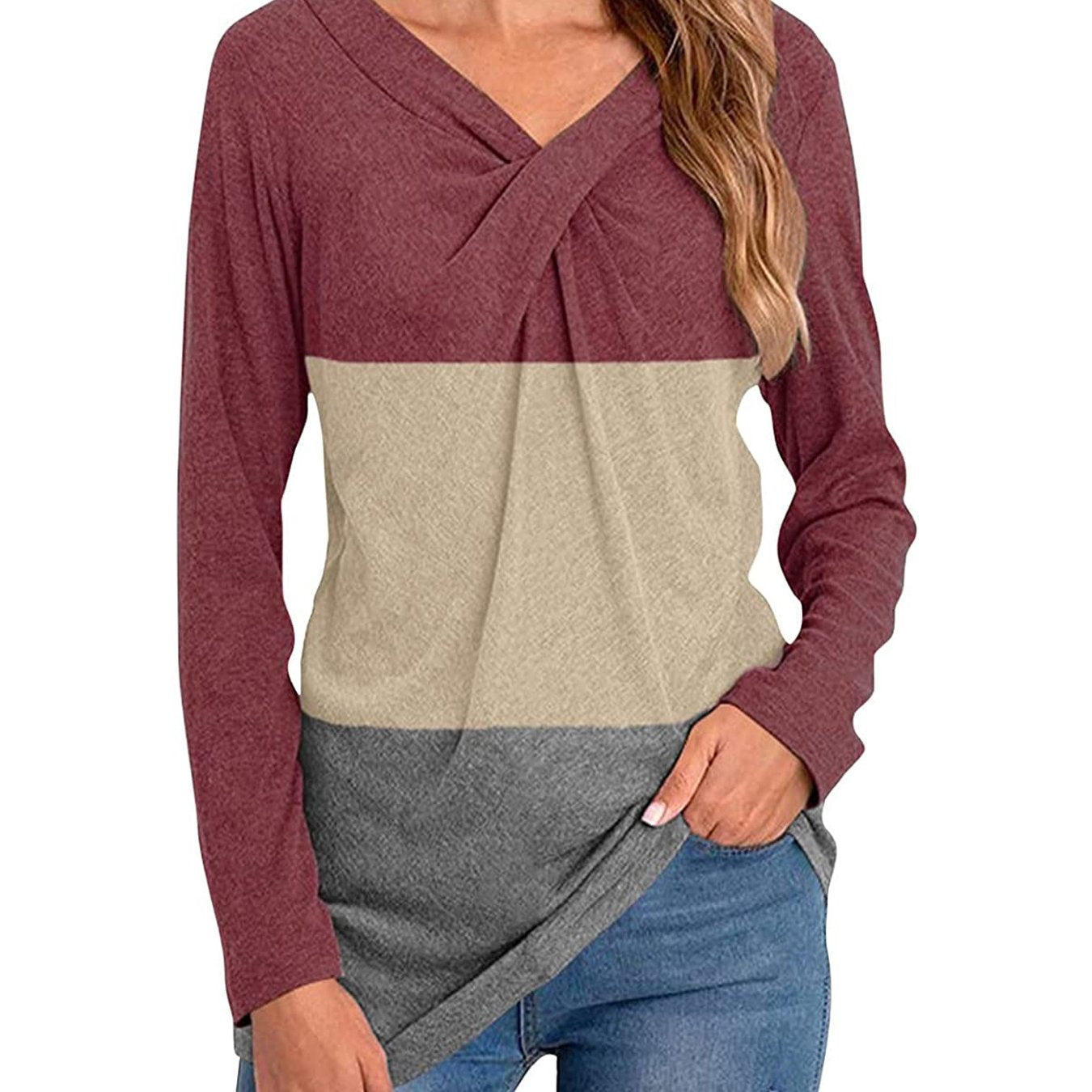 Color Block Long Sleeve Twist Neck T-shirts