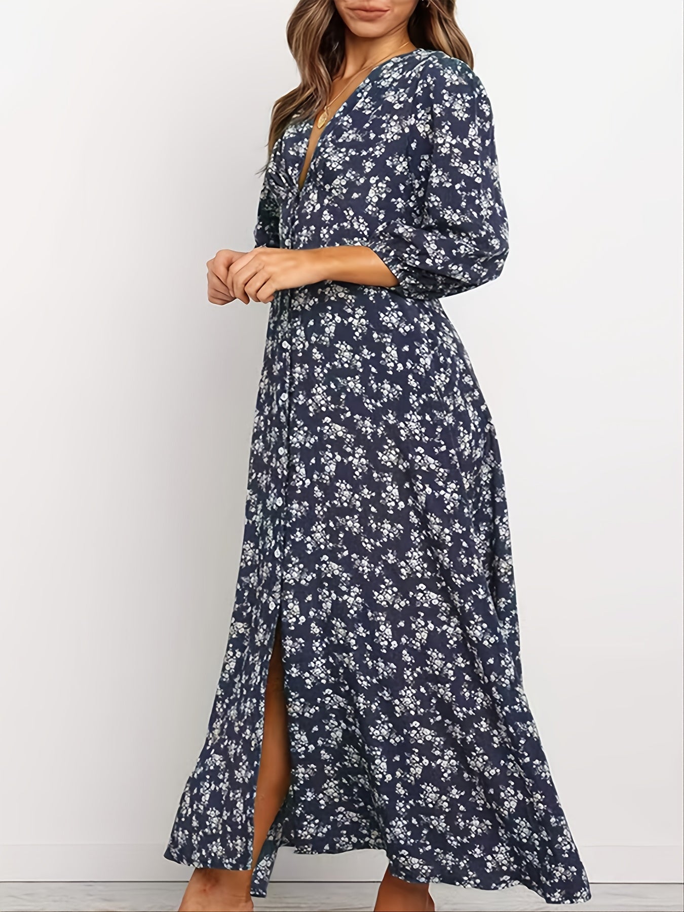 Vintage Ditsy Floral Lantern Long Sleeve Button High Waist Dresses