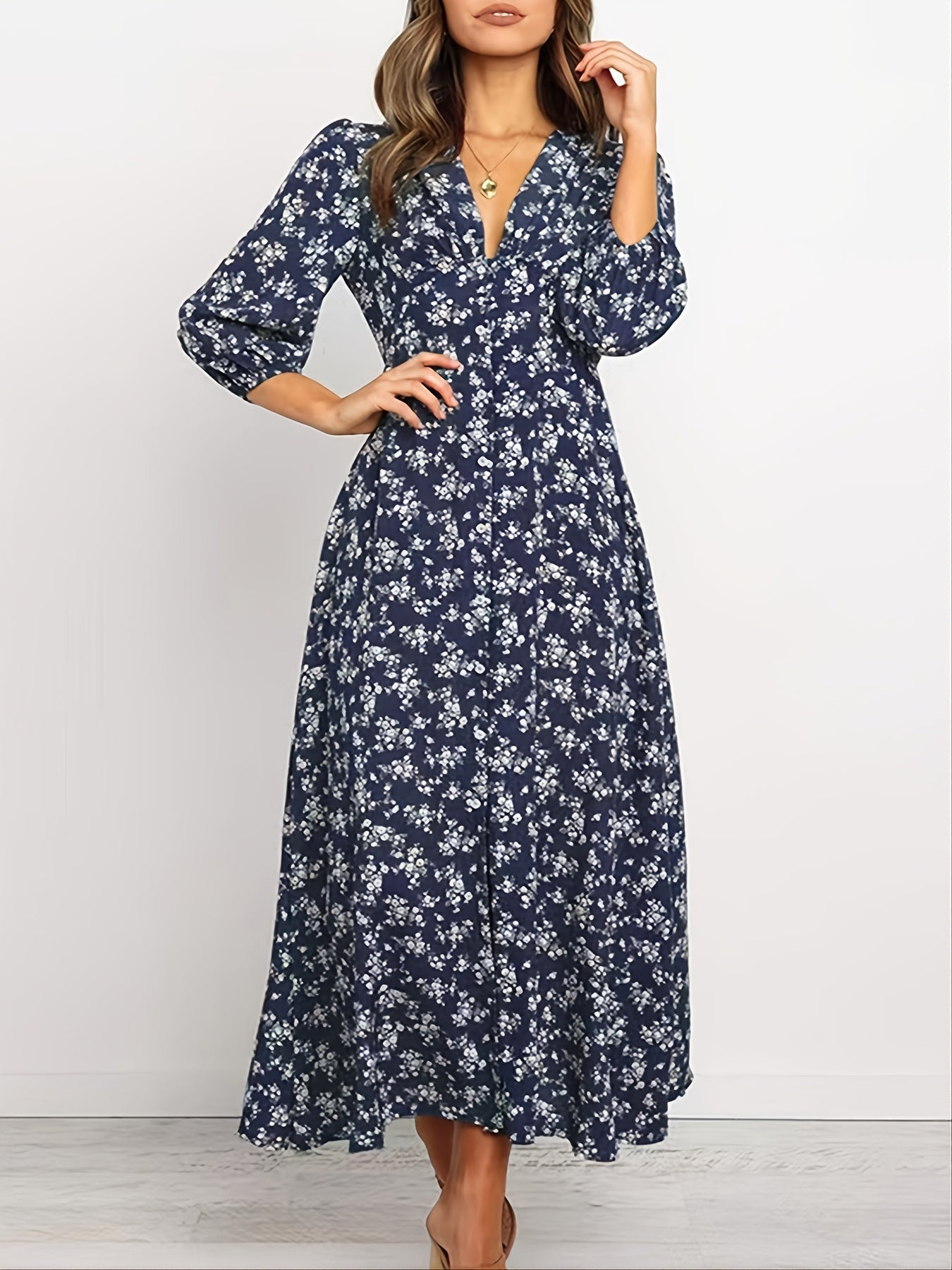 Vintage Ditsy Floral Lantern Long Sleeve Button High Waist Dresses