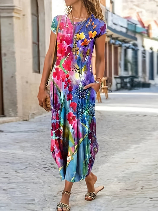 Casual Short Sleeve Crew Neck Floral Print Pocket Dress