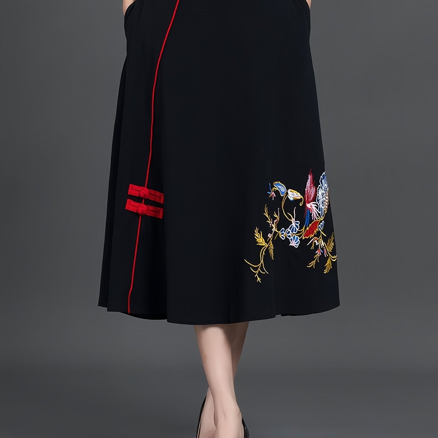 Ethnic Embroidery Large Swing Skirt Elastic Waist Embroidered Skirt With Pockets