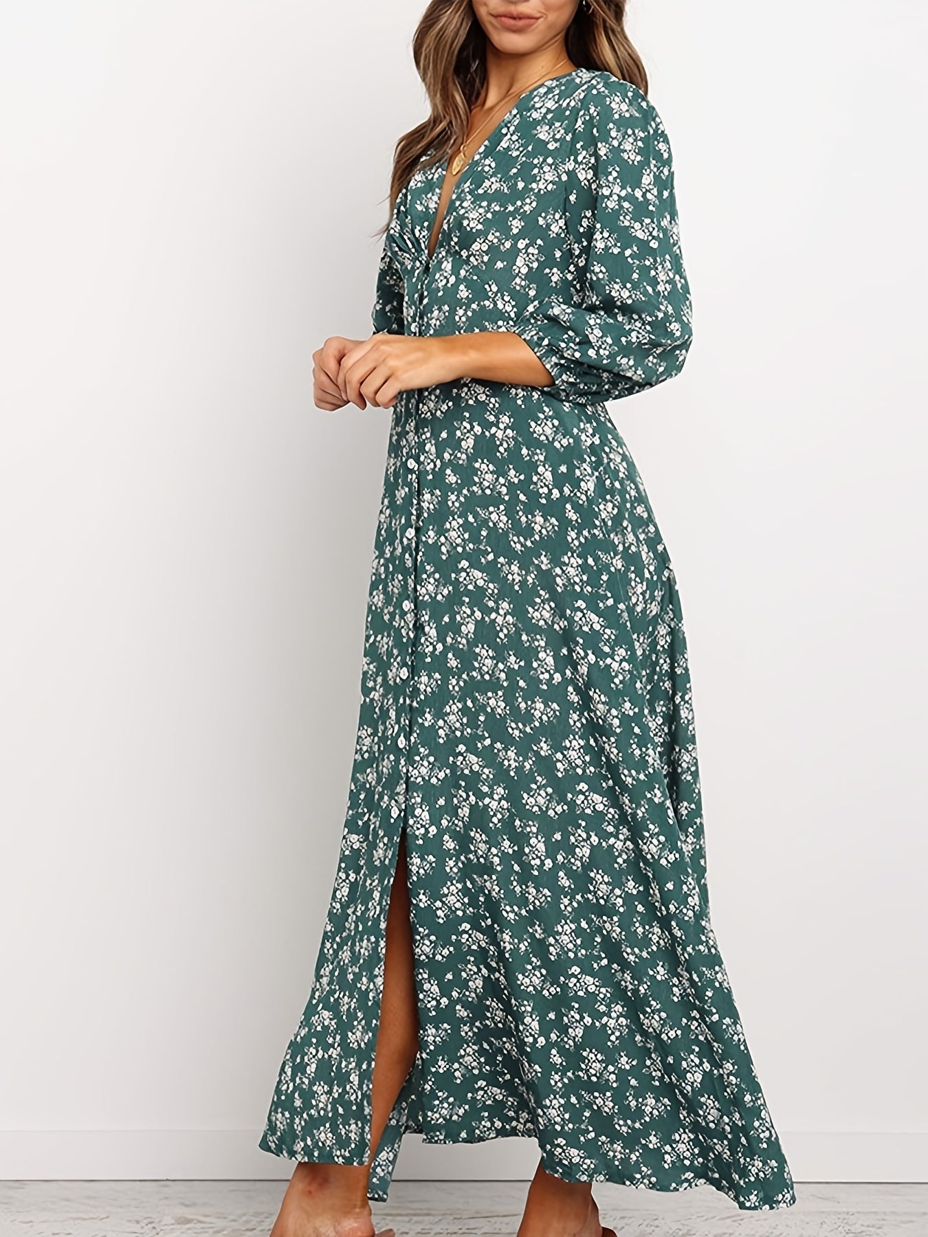 Vintage Ditsy Floral Lantern Long Sleeve Button High Waist Dresses