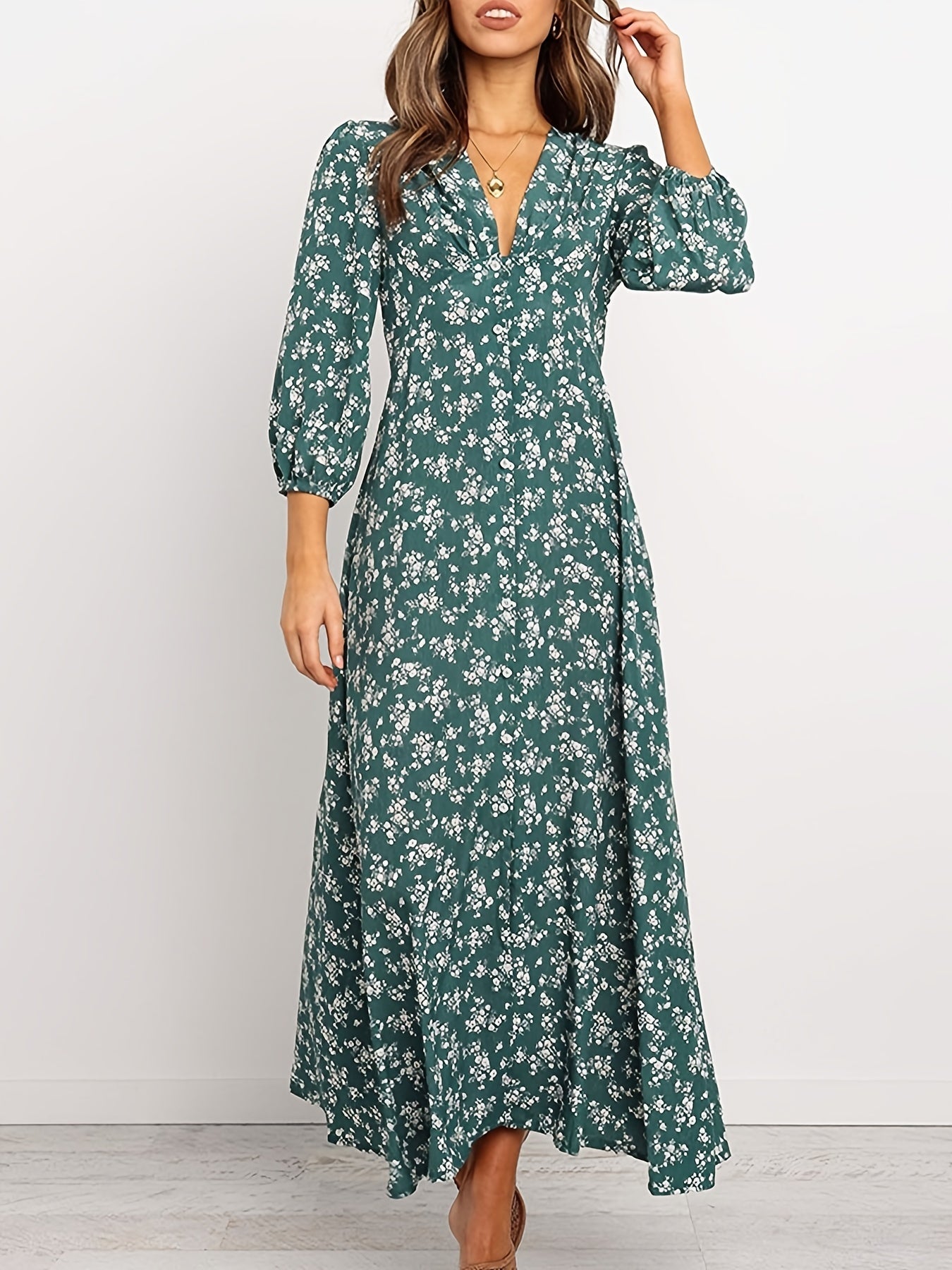 Vintage Ditsy Floral Lantern Long Sleeve Button High Waist Dresses