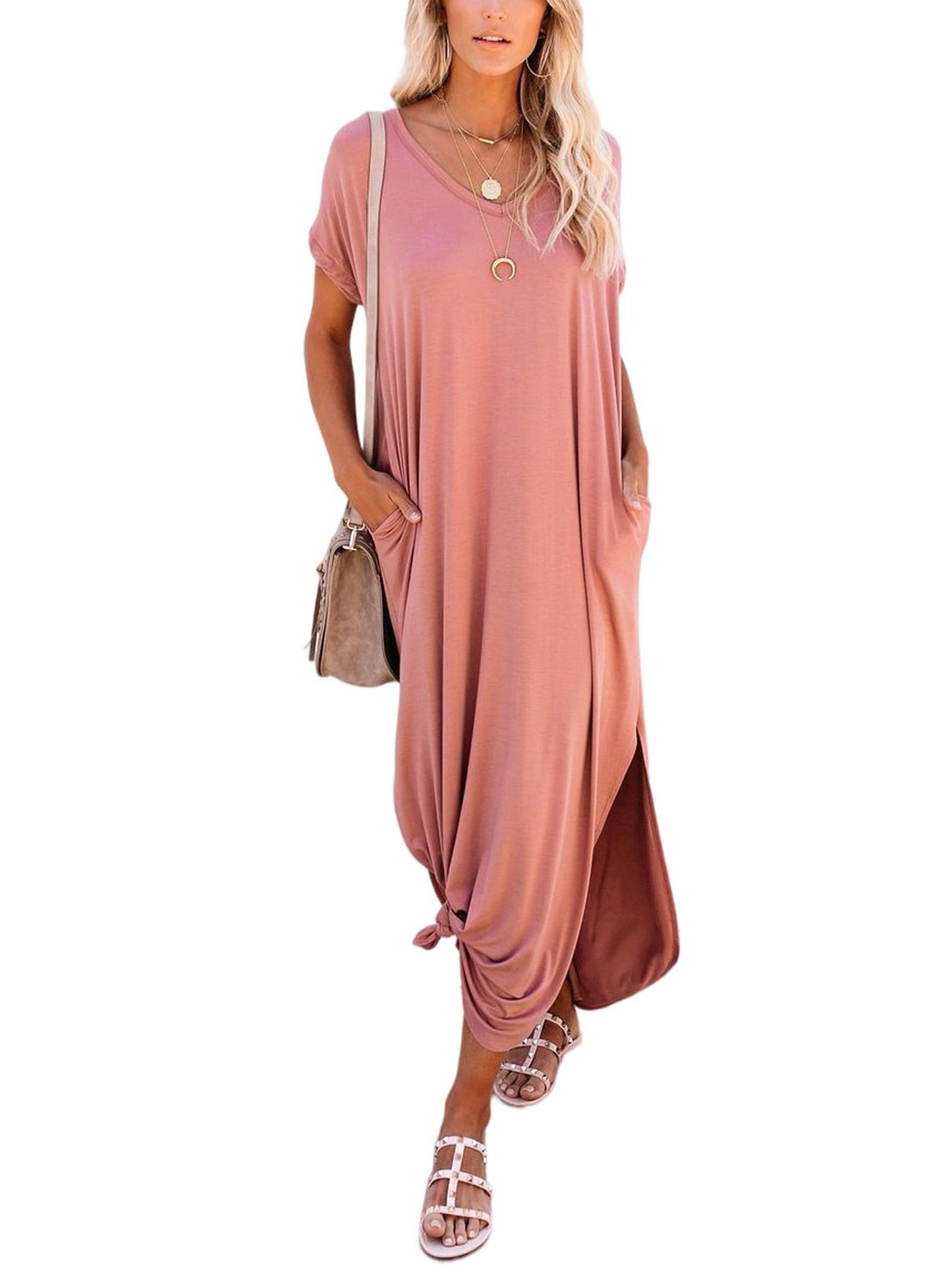 Loose Long Split Beach Solid Pocket Short Sleeve Crew Neck Dress