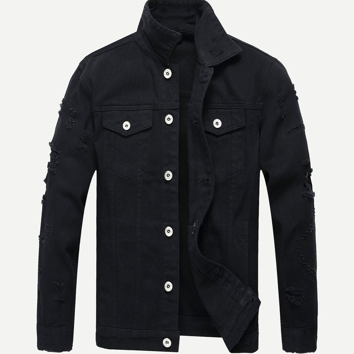 Men's Black Ripped Slim Button Denim Jacket