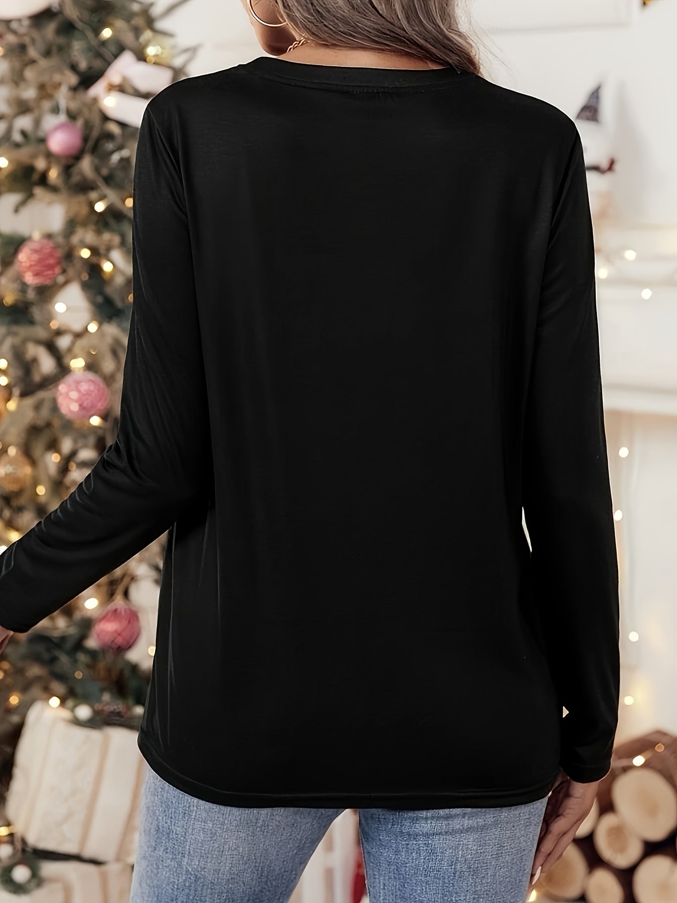 Leopard Heart Print Solid Crew Neck Long Sleeve Casual Every Day Top