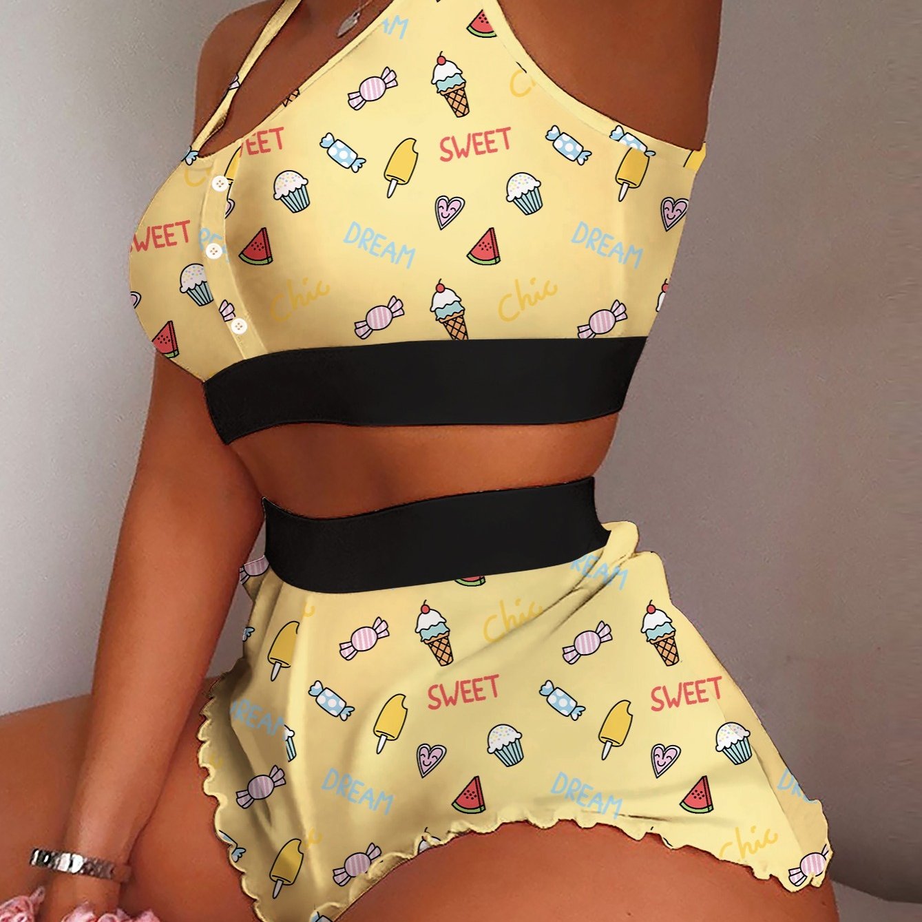 Women's Sleepwear Two-piece Cami Top Shorts Lettuce Trim Pajama Set