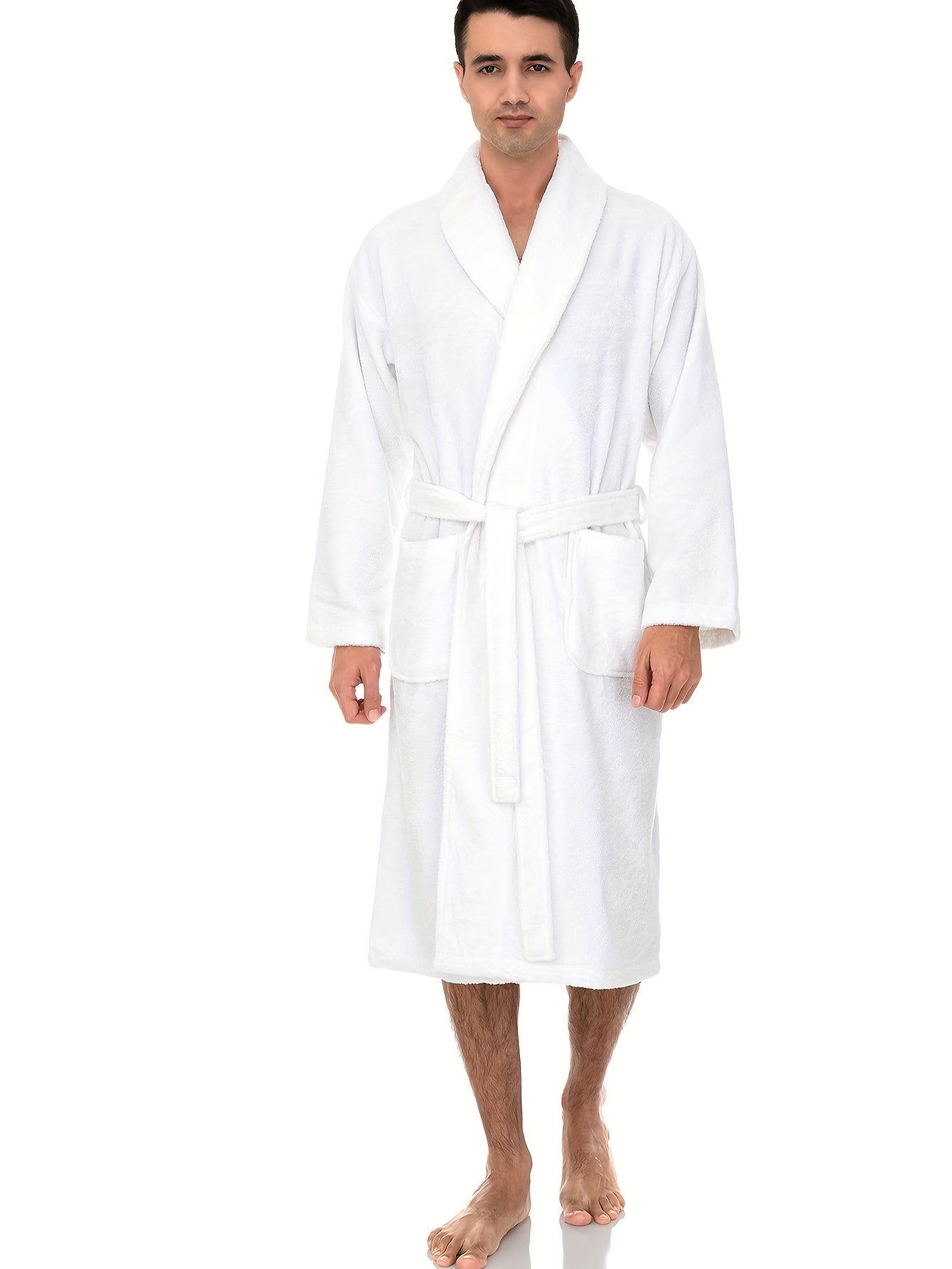 Men's Flannel Lapel Loose Soft Belt Bathrobe Long Sleeve Thick Thermal Loungewear